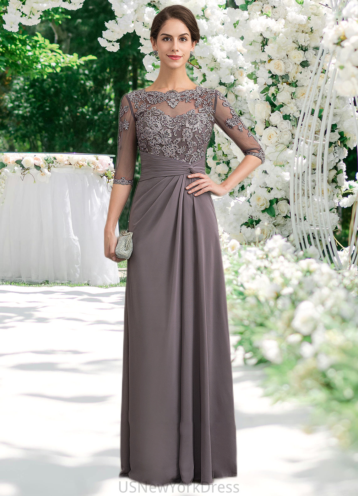 Shaylee A-Line Scoop Neck Floor-Length Chiffon Lace Mother of the Bride Dress With Beading Sequins DJ126P0014546