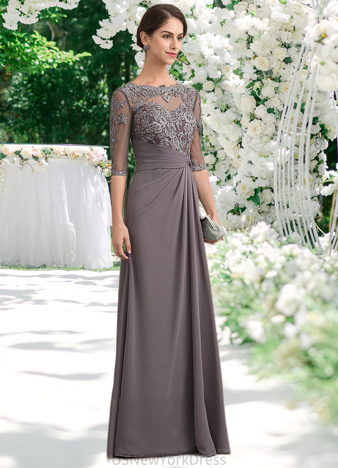 Shaylee A-Line Scoop Neck Floor-Length Chiffon Lace Mother of the Bride Dress With Beading Sequins DJ126P0014546