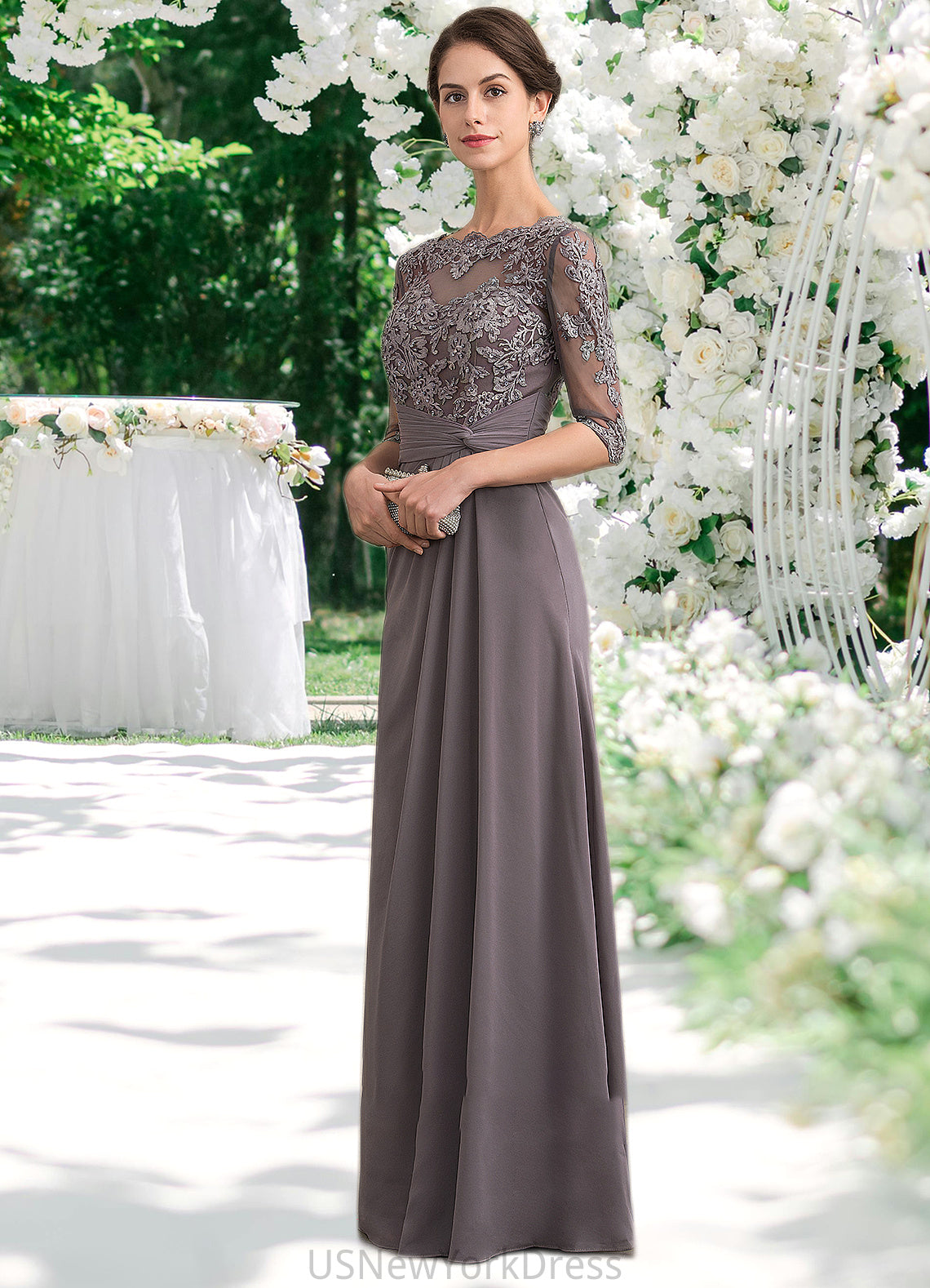 Shaylee A-Line Scoop Neck Floor-Length Chiffon Lace Mother of the Bride Dress With Beading Sequins DJ126P0014546