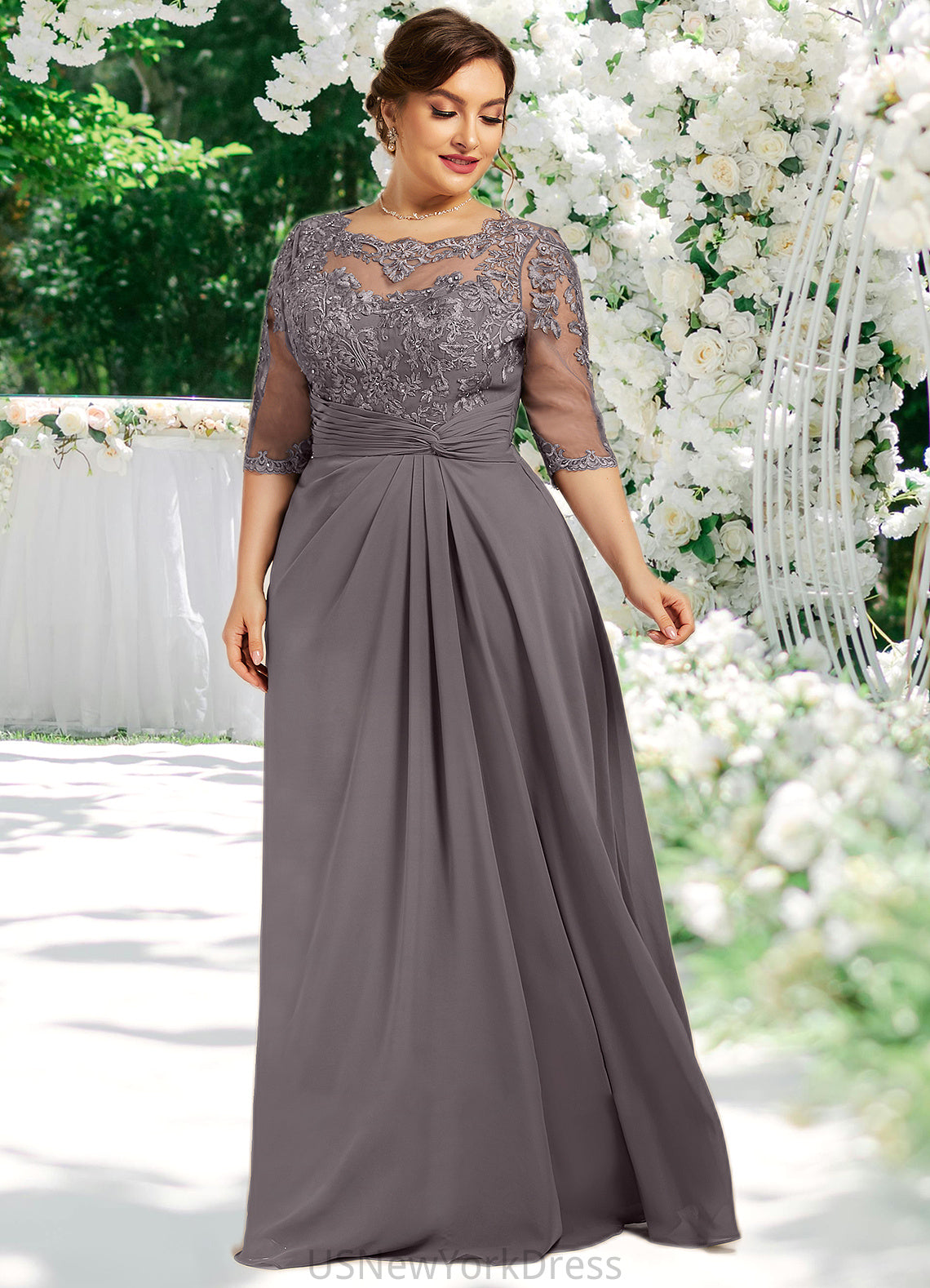 Shaylee A-Line Scoop Neck Floor-Length Chiffon Lace Mother of the Bride Dress With Beading Sequins DJ126P0014546