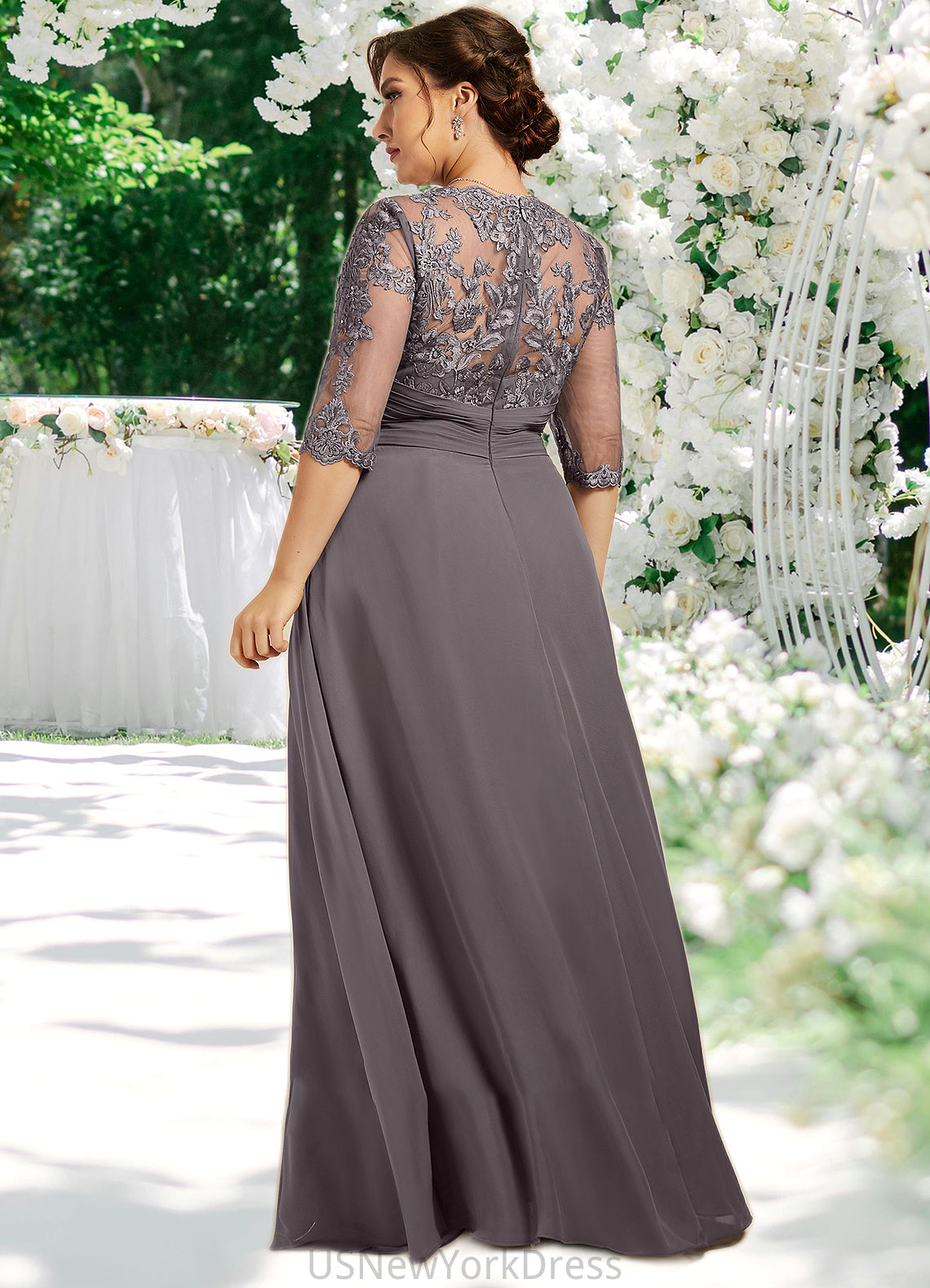 Shaylee A-Line Scoop Neck Floor-Length Chiffon Lace Mother of the Bride Dress With Beading Sequins DJ126P0014546