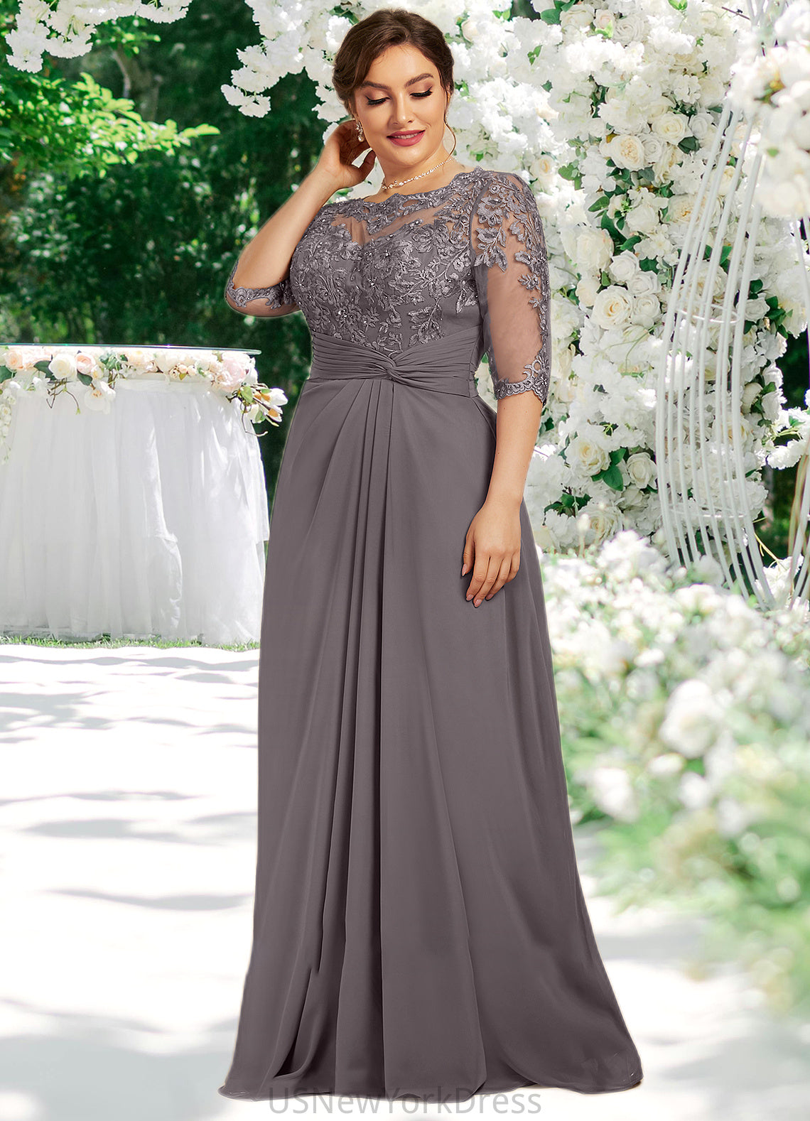 Shaylee A-Line Scoop Neck Floor-Length Chiffon Lace Mother of the Bride Dress With Beading Sequins DJ126P0014546