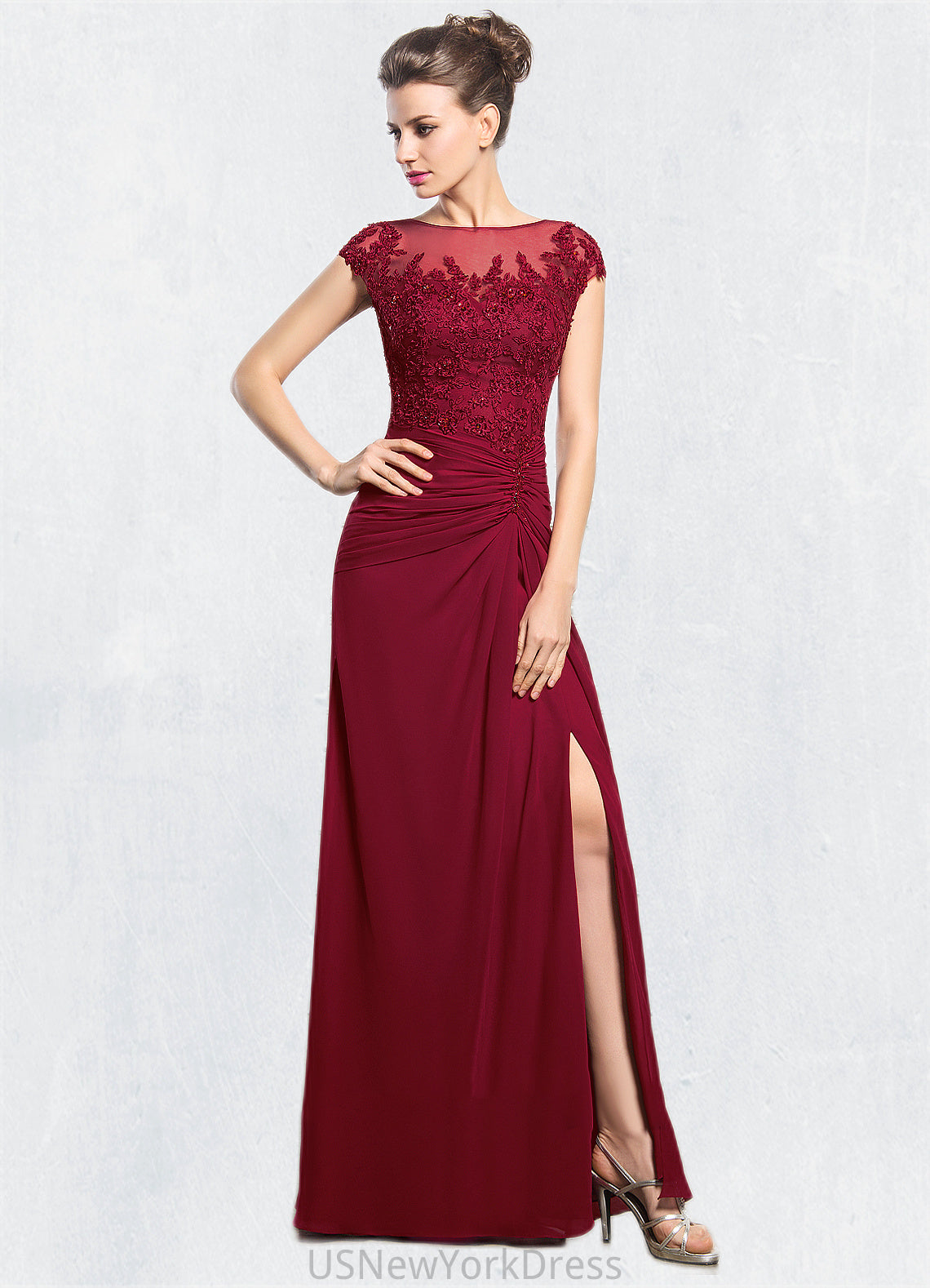 Holly Sheath/Column Scoop Neck Floor-Length Chiffon Mother of the Bride Dress With Ruffle Beading Appliques Lace Sequins Split Front DJ126P0014549