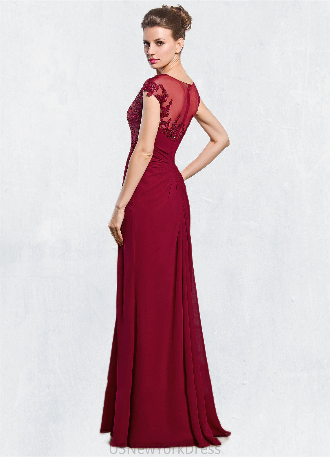 Holly Sheath/Column Scoop Neck Floor-Length Chiffon Mother of the Bride Dress With Ruffle Beading Appliques Lace Sequins Split Front DJ126P0014549