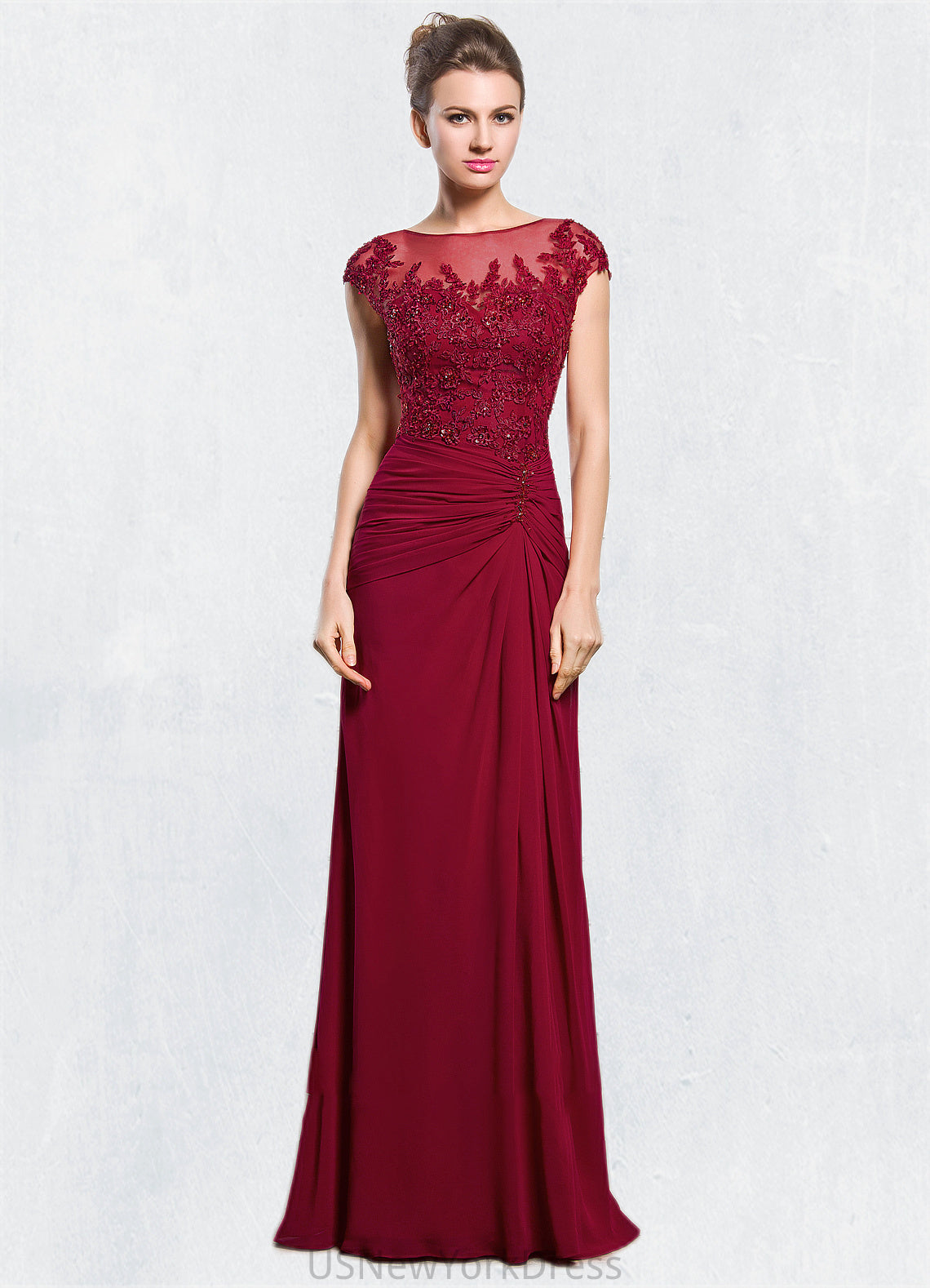 Holly Sheath/Column Scoop Neck Floor-Length Chiffon Mother of the Bride Dress With Ruffle Beading Appliques Lace Sequins Split Front DJ126P0014549