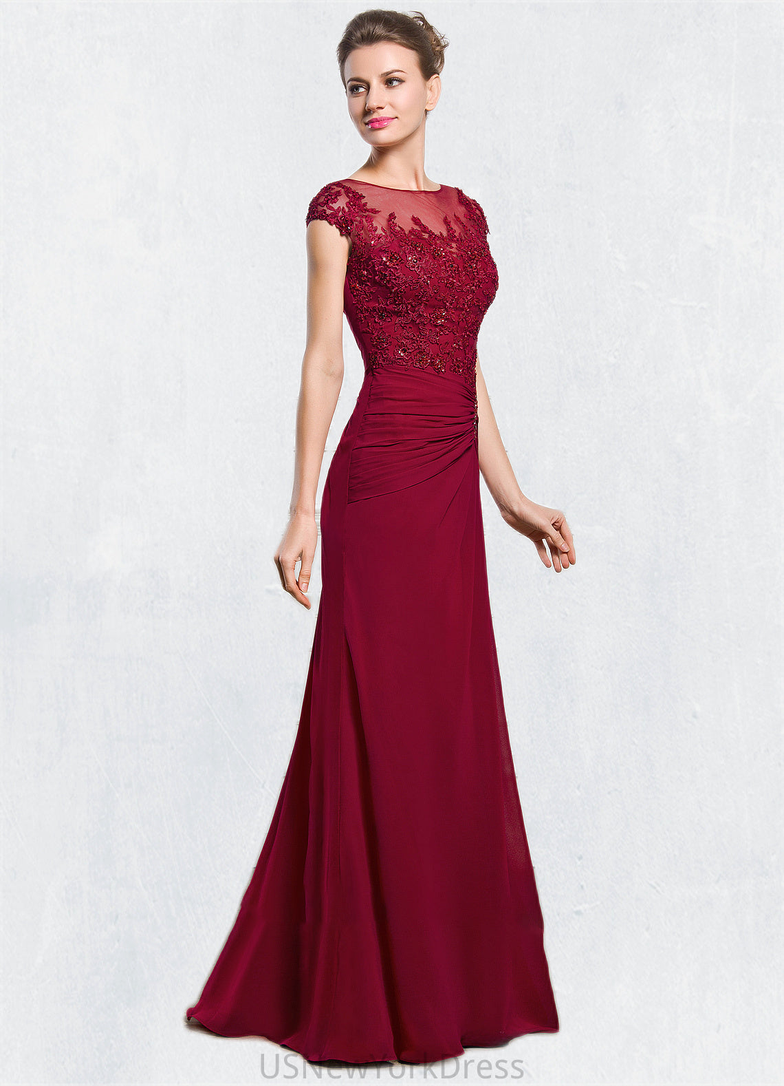 Holly Sheath/Column Scoop Neck Floor-Length Chiffon Mother of the Bride Dress With Ruffle Beading Appliques Lace Sequins Split Front DJ126P0014549