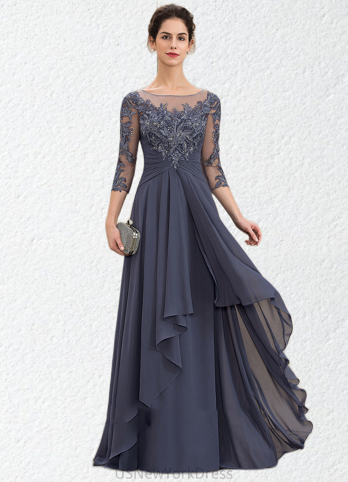 Hailey A-Line Scoop Neck Floor-Length Chiffon Lace Mother of the Bride Dress With Cascading Ruffles DJ126P0014550