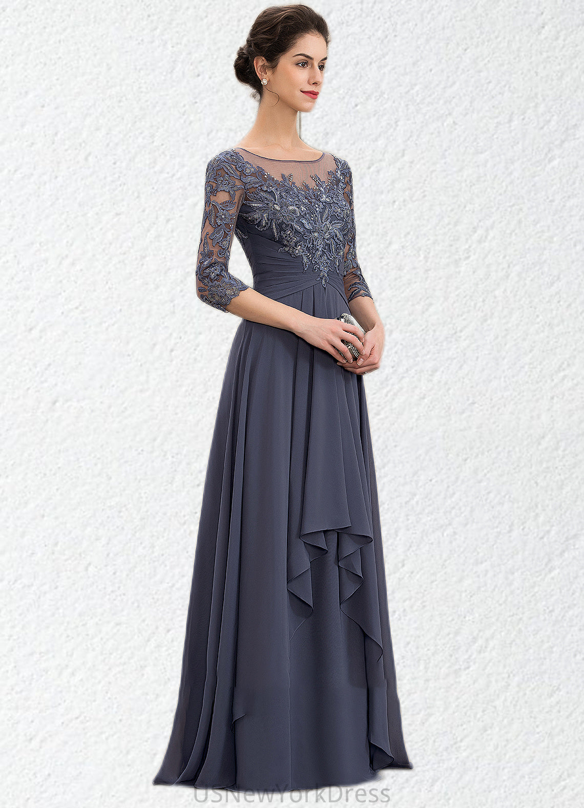 Hailey A-Line Scoop Neck Floor-Length Chiffon Lace Mother of the Bride Dress With Cascading Ruffles DJ126P0014550