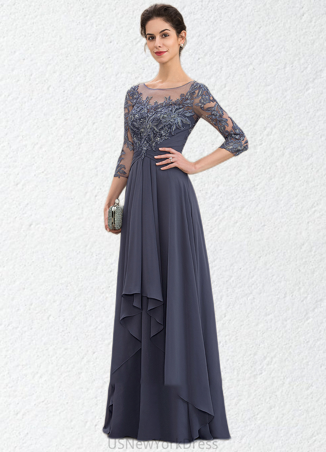 Hailey A-Line Scoop Neck Floor-Length Chiffon Lace Mother of the Bride Dress With Cascading Ruffles DJ126P0014550