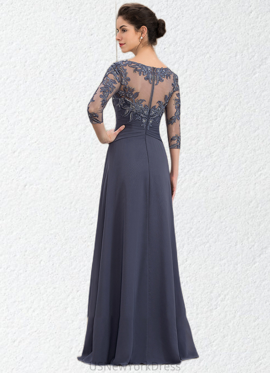 Hailey A-Line Scoop Neck Floor-Length Chiffon Lace Mother of the Bride Dress With Cascading Ruffles DJ126P0014550