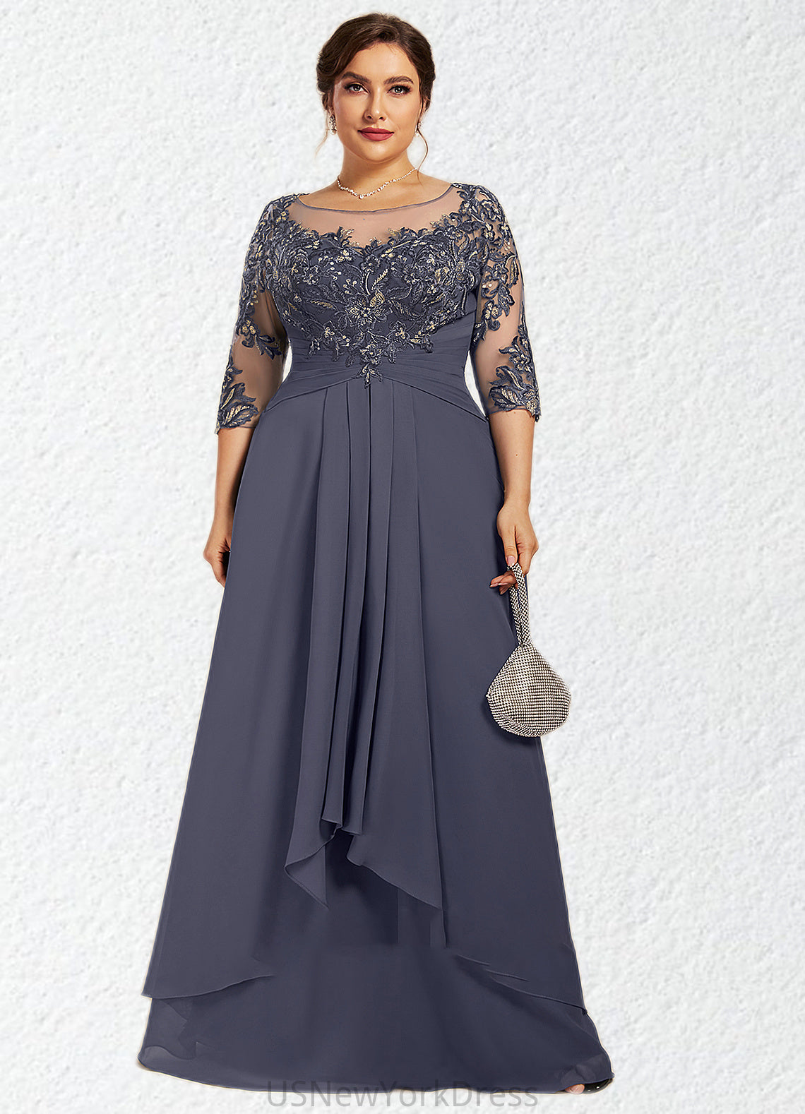 Hailey A-Line Scoop Neck Floor-Length Chiffon Lace Mother of the Bride Dress With Cascading Ruffles DJ126P0014550