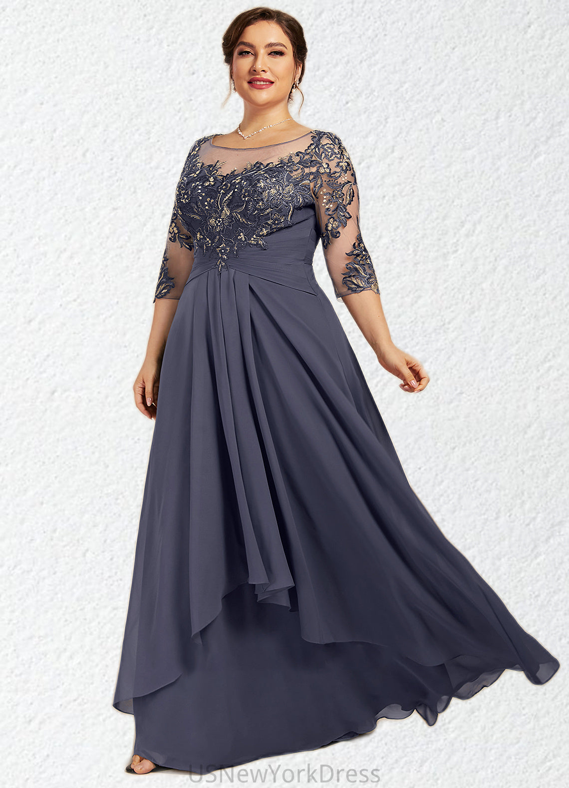 Hailey A-Line Scoop Neck Floor-Length Chiffon Lace Mother of the Bride Dress With Cascading Ruffles DJ126P0014550