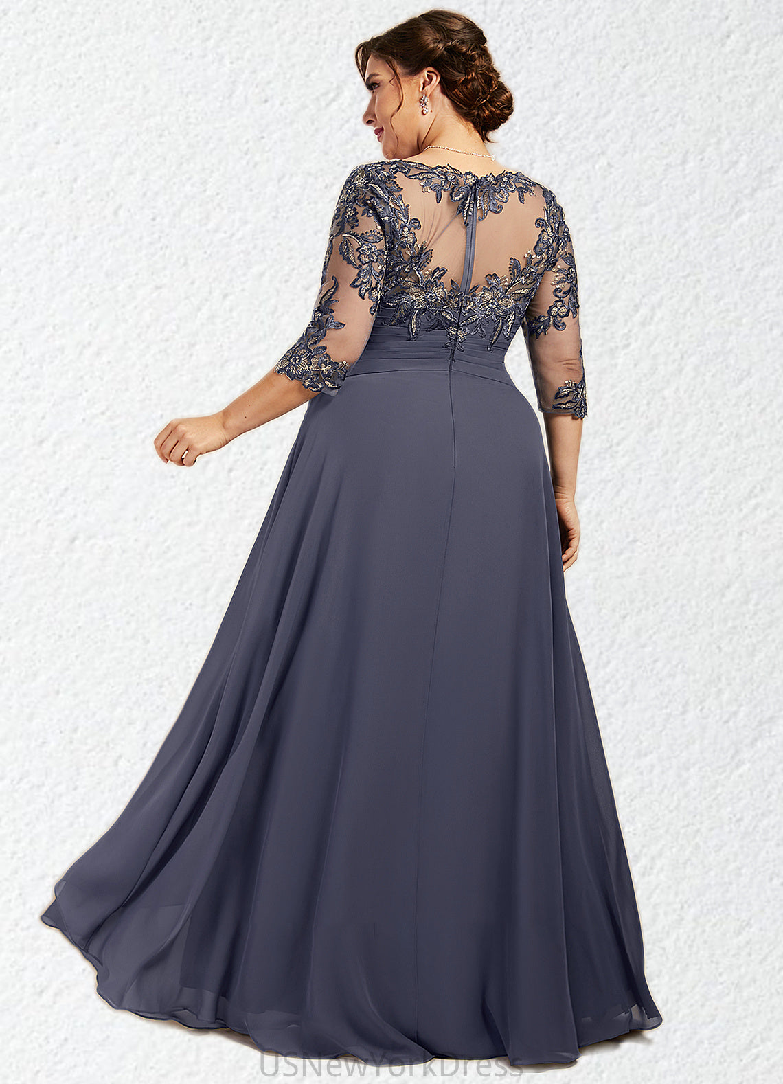 Hailey A-Line Scoop Neck Floor-Length Chiffon Lace Mother of the Bride Dress With Cascading Ruffles DJ126P0014550