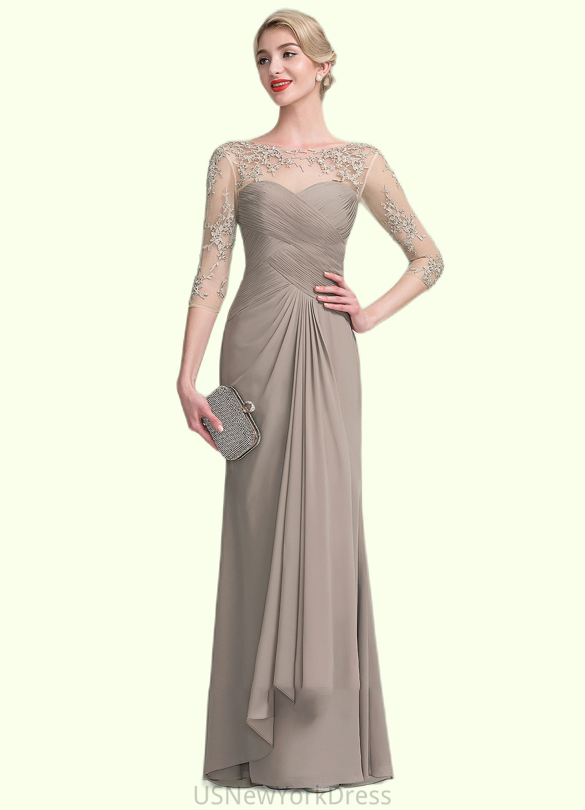 Savannah A-Line Scoop Neck Floor-Length Chiffon Lace Mother of the Bride Dress With Beading Sequins Cascading Ruffles DJ126P0014551