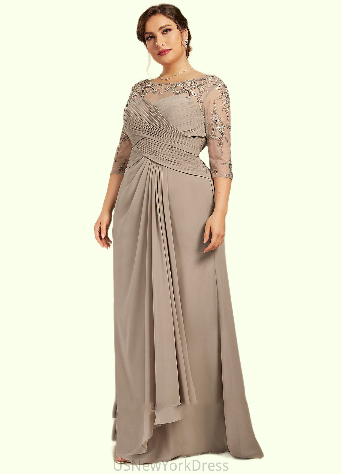 Savannah A-Line Scoop Neck Floor-Length Chiffon Lace Mother of the Bride Dress With Beading Sequins Cascading Ruffles DJ126P0014551