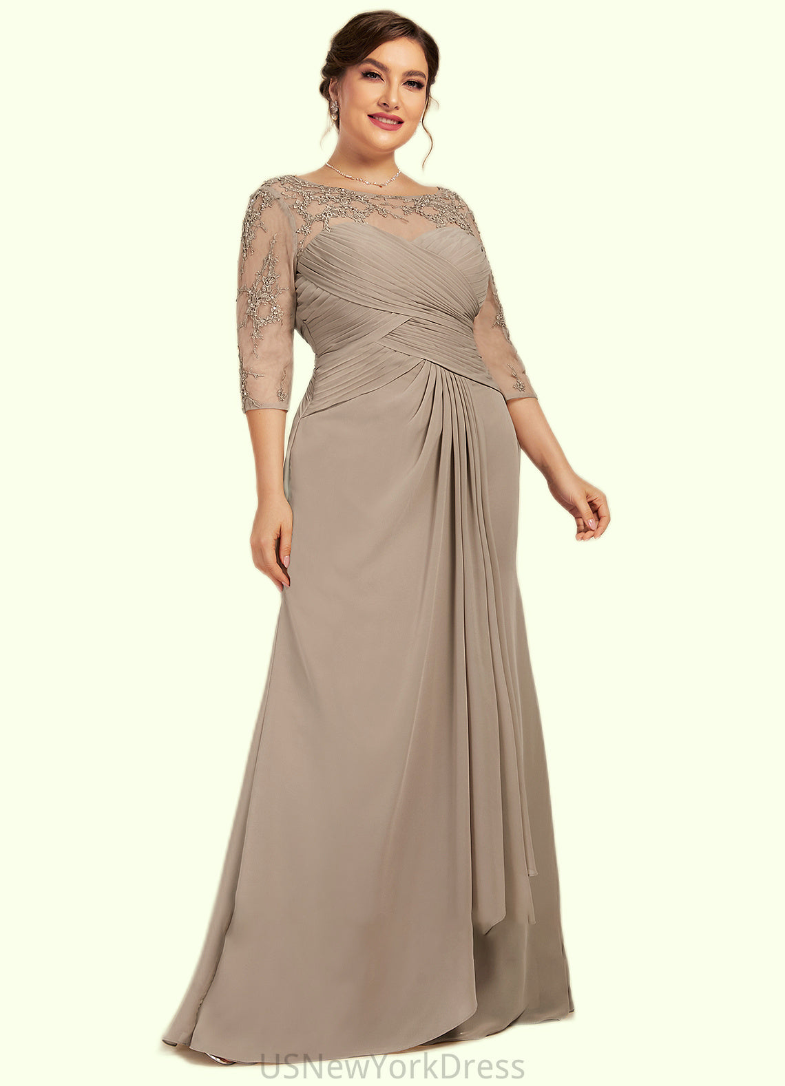 Savannah A-Line Scoop Neck Floor-Length Chiffon Lace Mother of the Bride Dress With Beading Sequins Cascading Ruffles DJ126P0014551