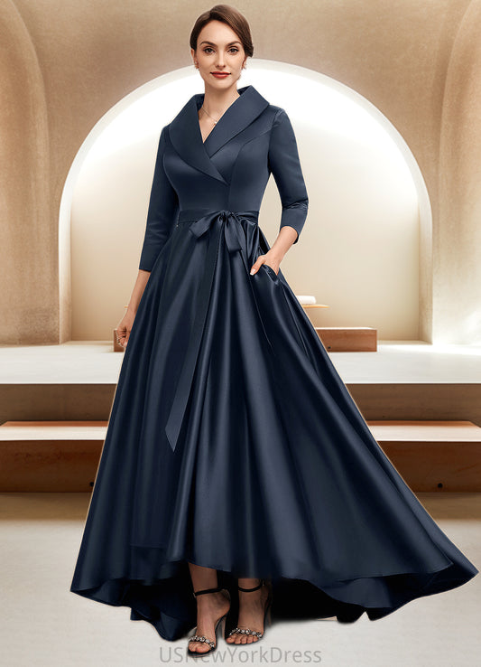 Angie A-Line V-neck Asymmetrical Satin Mother of the Bride Dress With Bow(s) Pockets DJ126P0014553