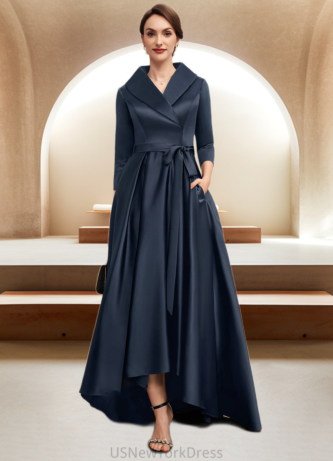 Angie A-Line V-neck Asymmetrical Satin Mother of the Bride Dress With Bow(s) Pockets DJ126P0014553