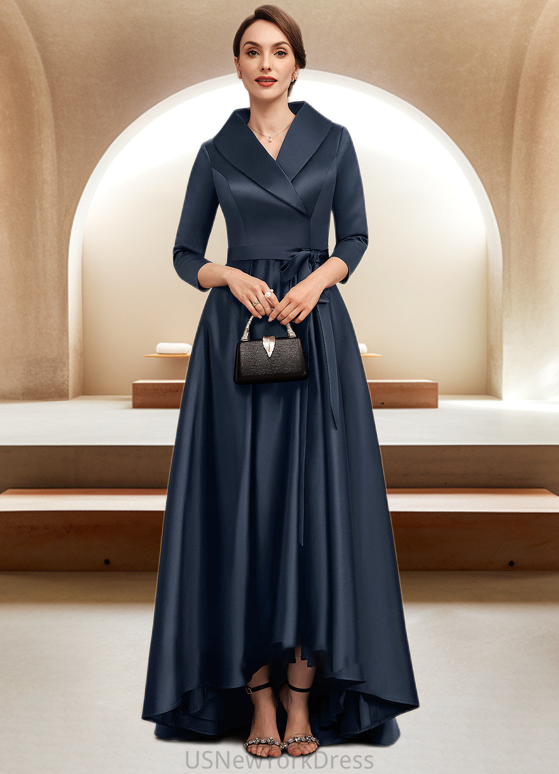 Angie A-Line V-neck Asymmetrical Satin Mother of the Bride Dress With Bow(s) Pockets DJ126P0014553