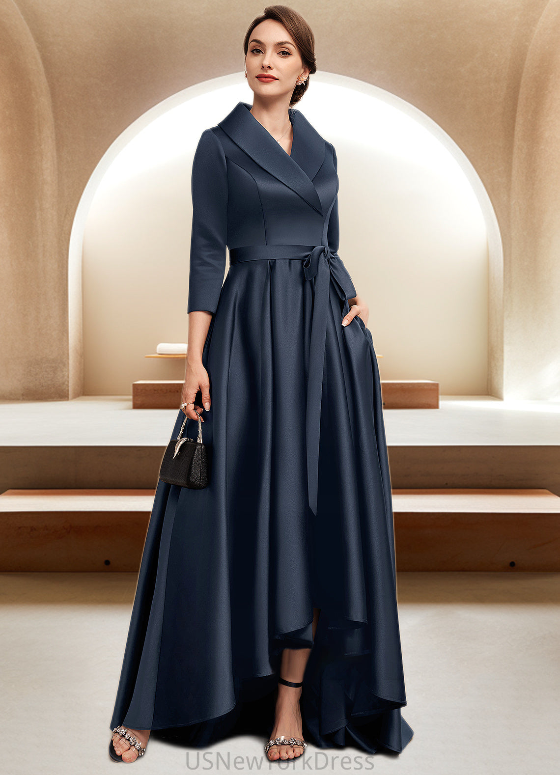 Angie A-Line V-neck Asymmetrical Satin Mother of the Bride Dress With Bow(s) Pockets DJ126P0014553