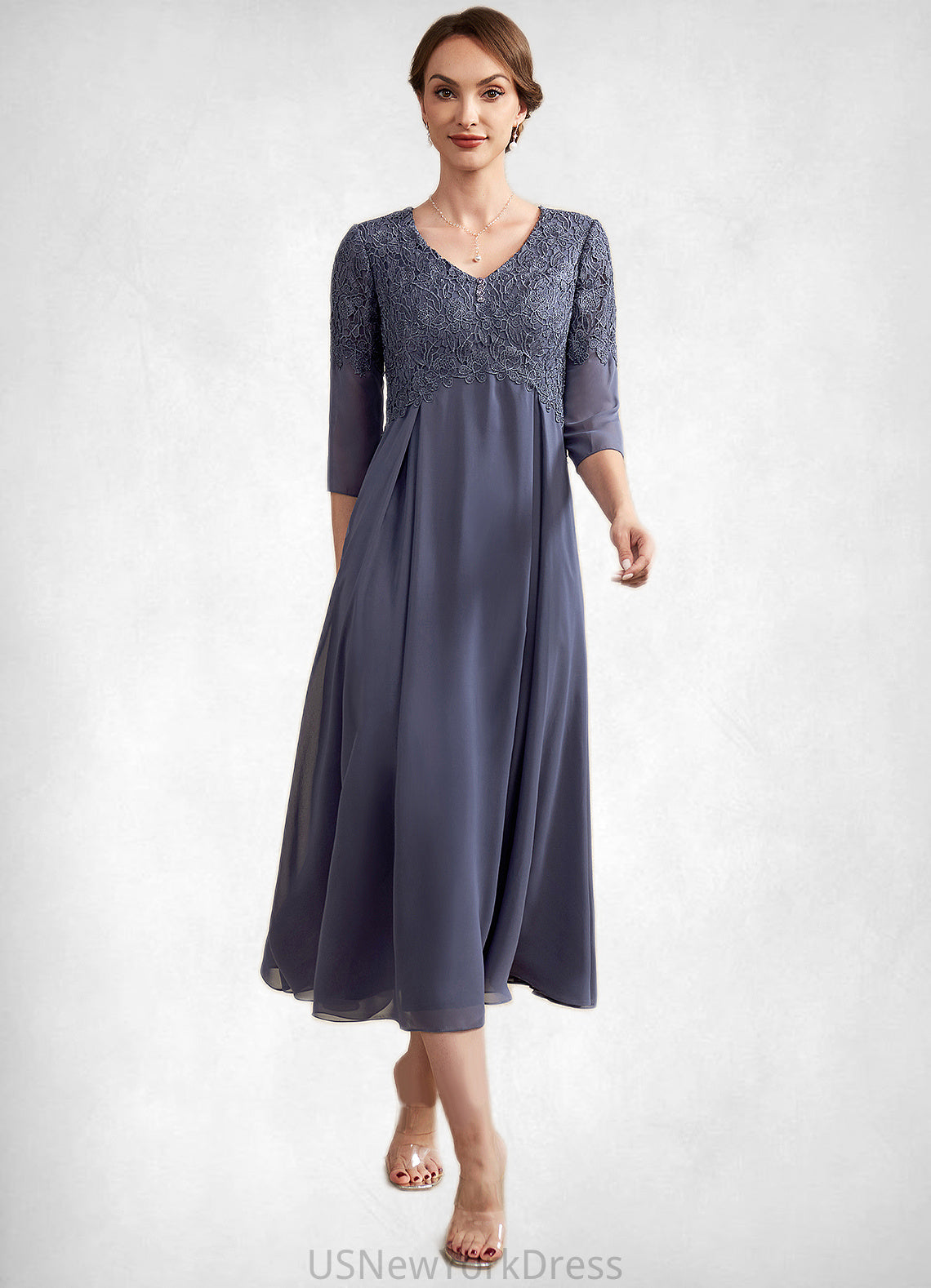 Natalya A-line V-Neck Tea-Length Chiffon Lace Mother of the Bride Dress With Beading DJ126P0014554