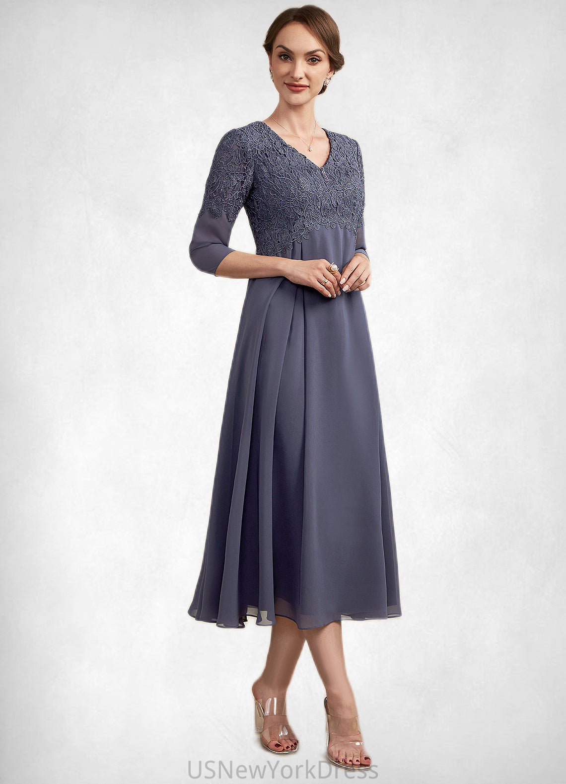 Natalya A-line V-Neck Tea-Length Chiffon Lace Mother of the Bride Dress With Beading DJ126P0014554