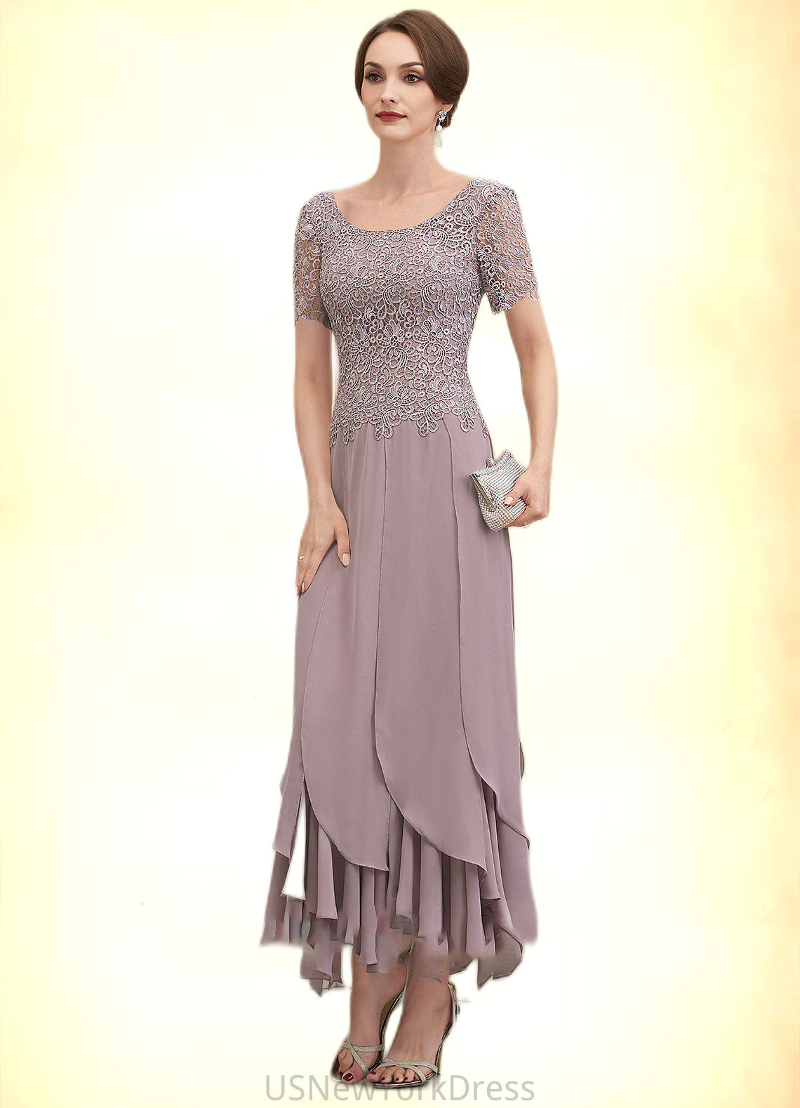 Molly A-Line Scoop Neck Ankle-Length Chiffon Lace Mother of the Bride Dress With Cascading Ruffles DJ126P0014555