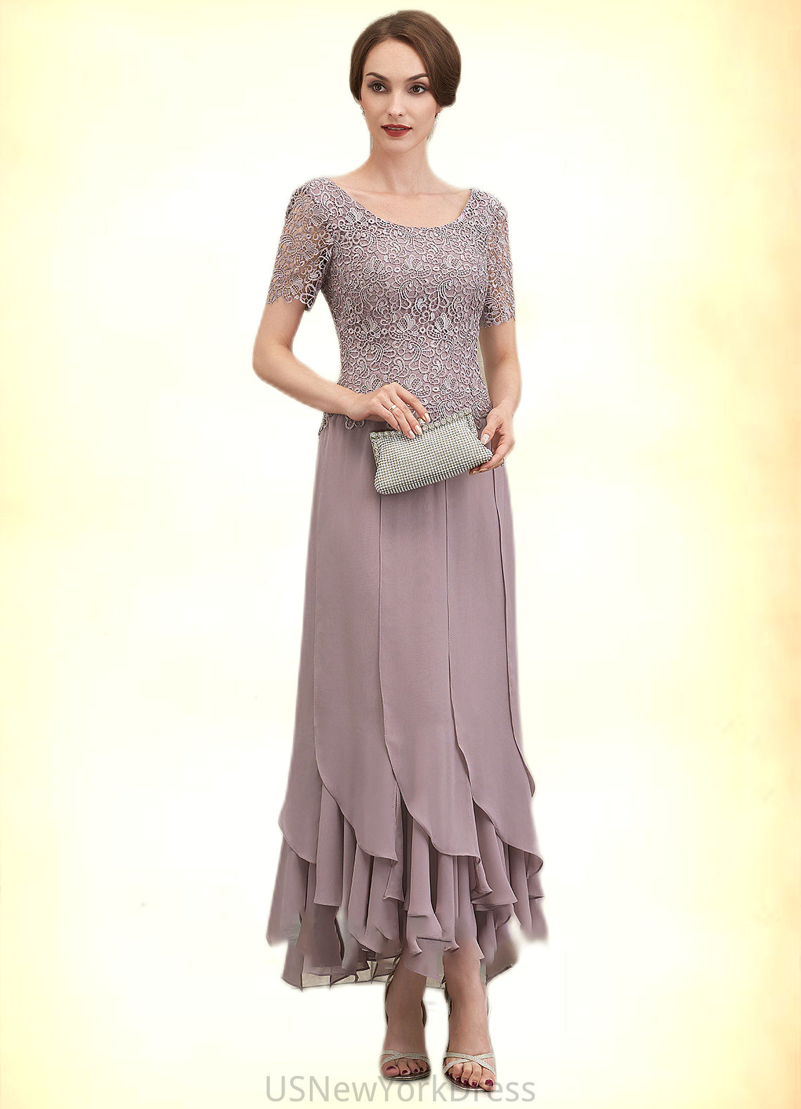 Molly A-Line Scoop Neck Ankle-Length Chiffon Lace Mother of the Bride Dress With Cascading Ruffles DJ126P0014555