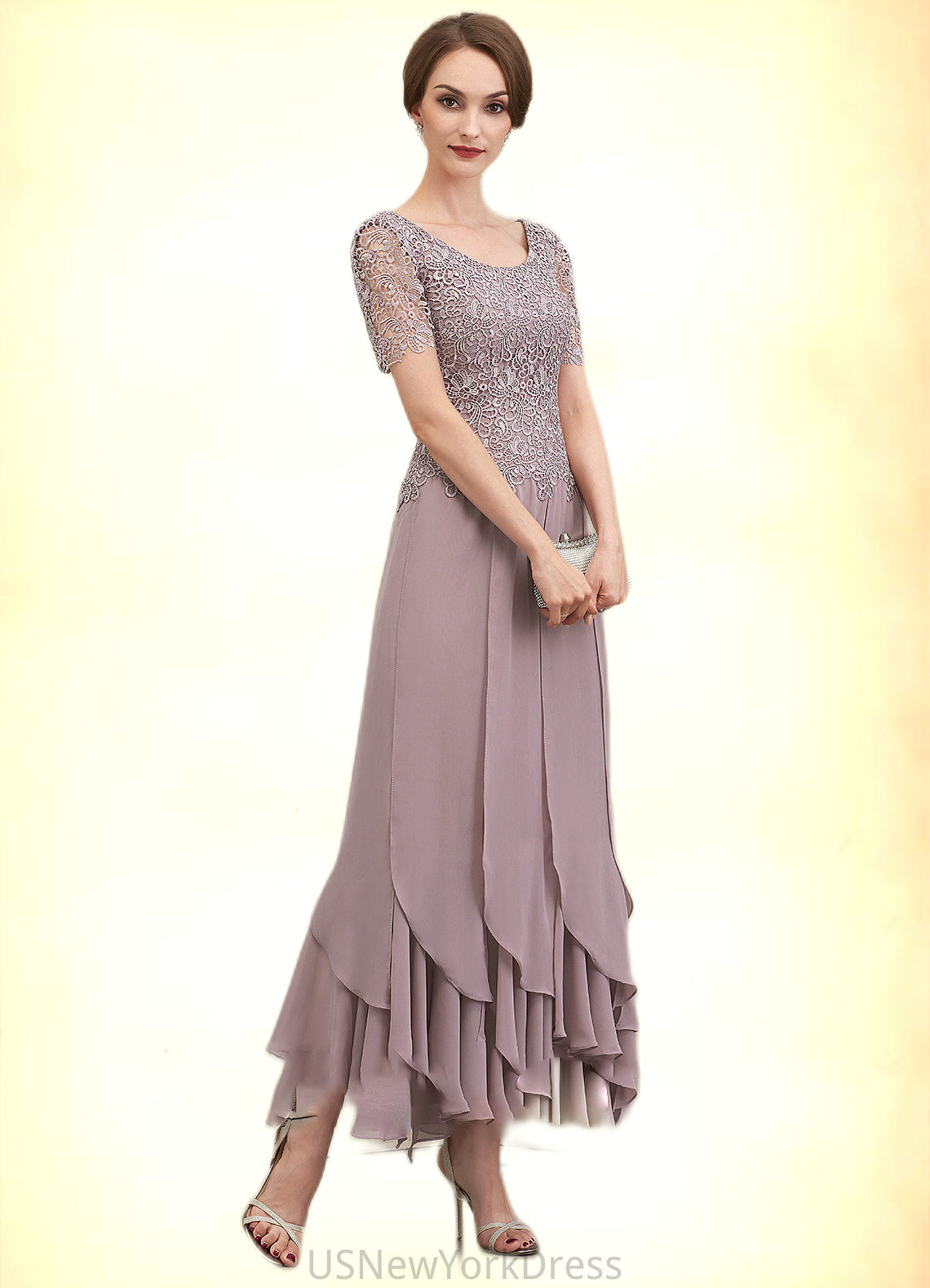 Molly A-Line Scoop Neck Ankle-Length Chiffon Lace Mother of the Bride Dress With Cascading Ruffles DJ126P0014555