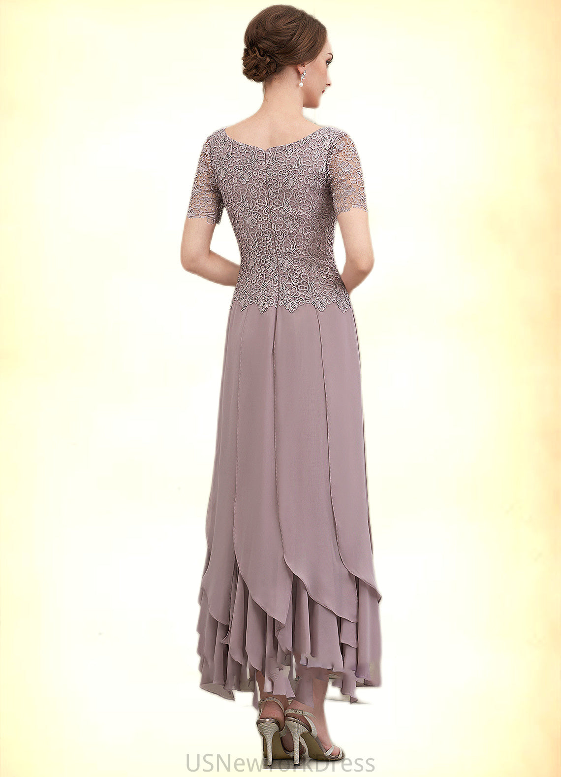 Molly A-Line Scoop Neck Ankle-Length Chiffon Lace Mother of the Bride Dress With Cascading Ruffles DJ126P0014555