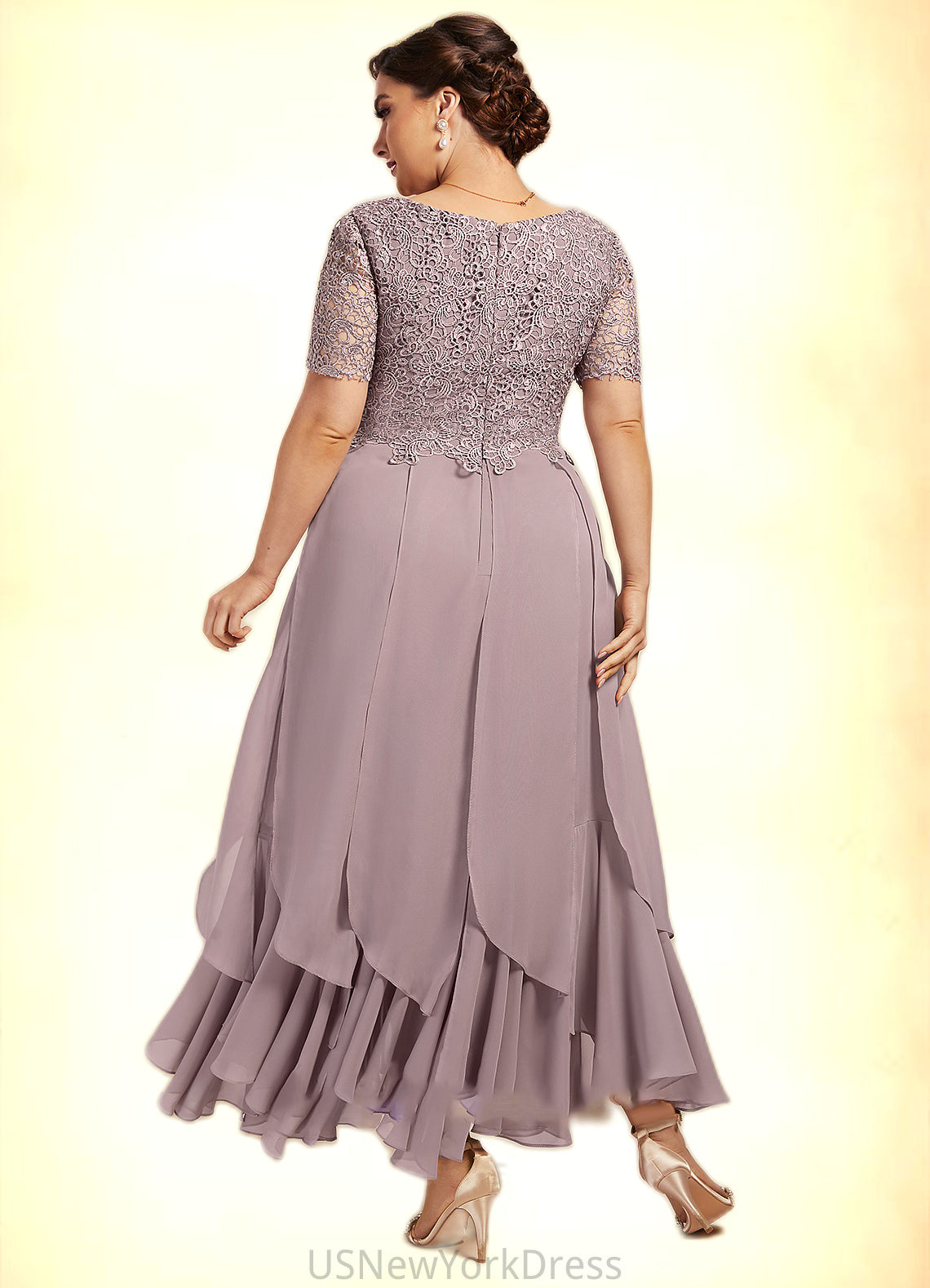 Molly A-Line Scoop Neck Ankle-Length Chiffon Lace Mother of the Bride Dress With Cascading Ruffles DJ126P0014555