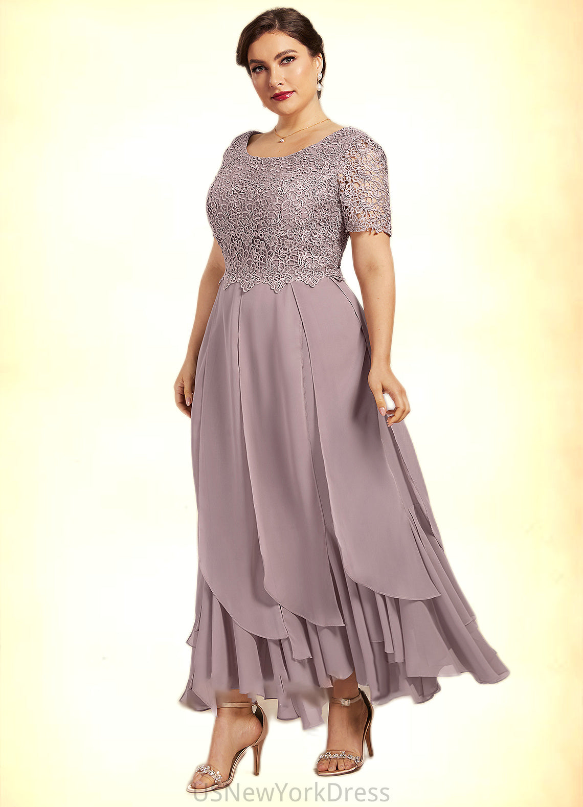 Molly A-Line Scoop Neck Ankle-Length Chiffon Lace Mother of the Bride Dress With Cascading Ruffles DJ126P0014555