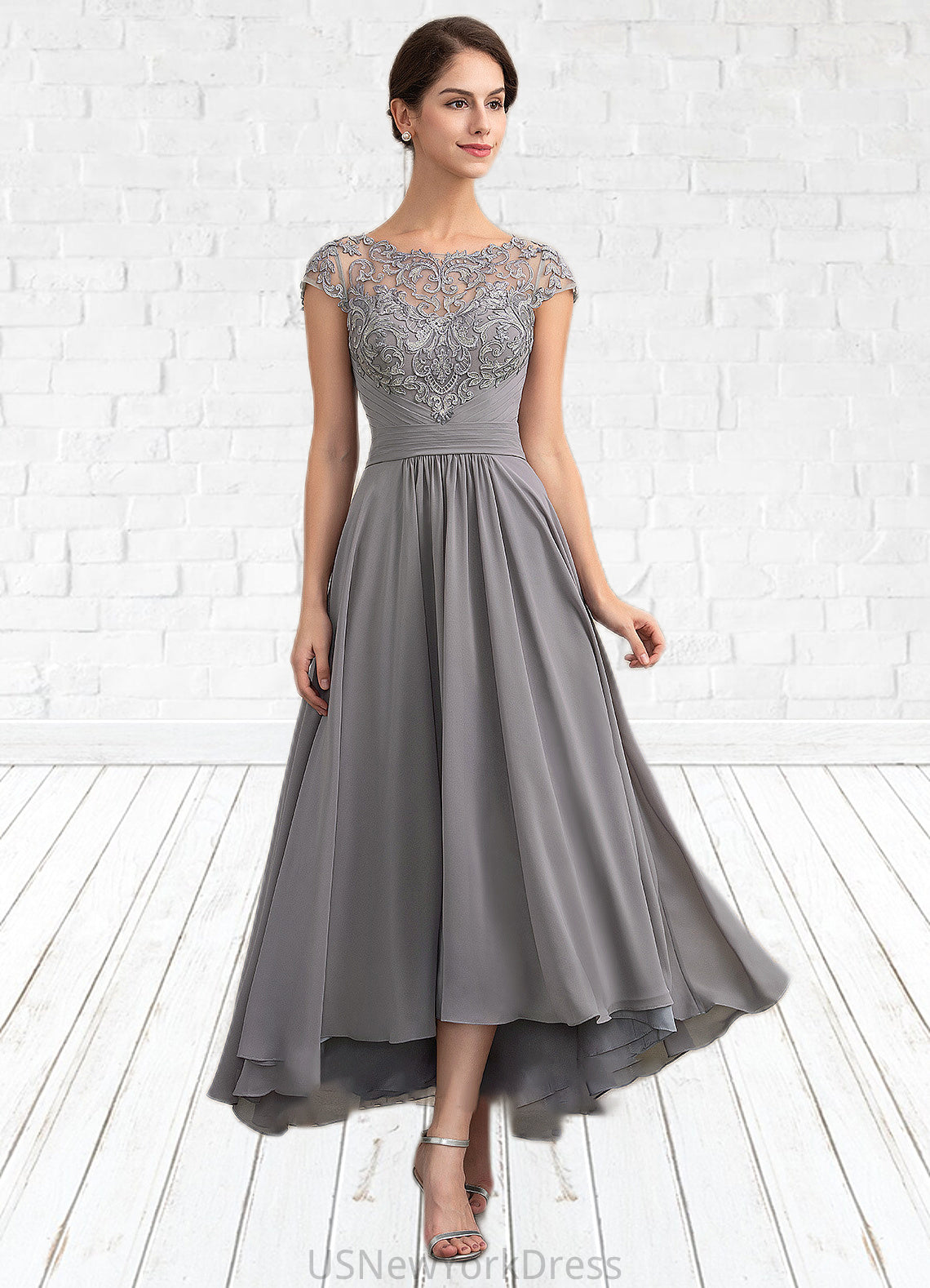 Donna A-Line Scoop Neck Asymmetrical Chiffon Lace Mother of the Bride Dress DJ126P0014556