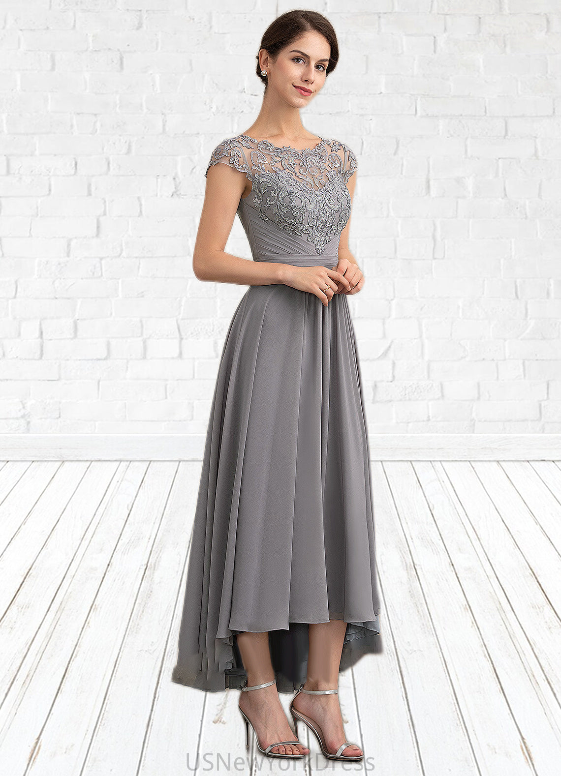 Donna A-Line Scoop Neck Asymmetrical Chiffon Lace Mother of the Bride Dress DJ126P0014556