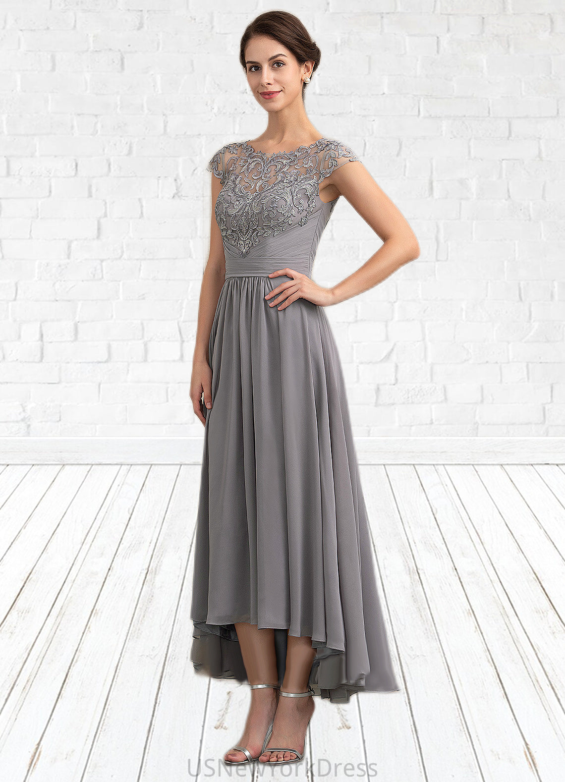 Donna A-Line Scoop Neck Asymmetrical Chiffon Lace Mother of the Bride Dress DJ126P0014556