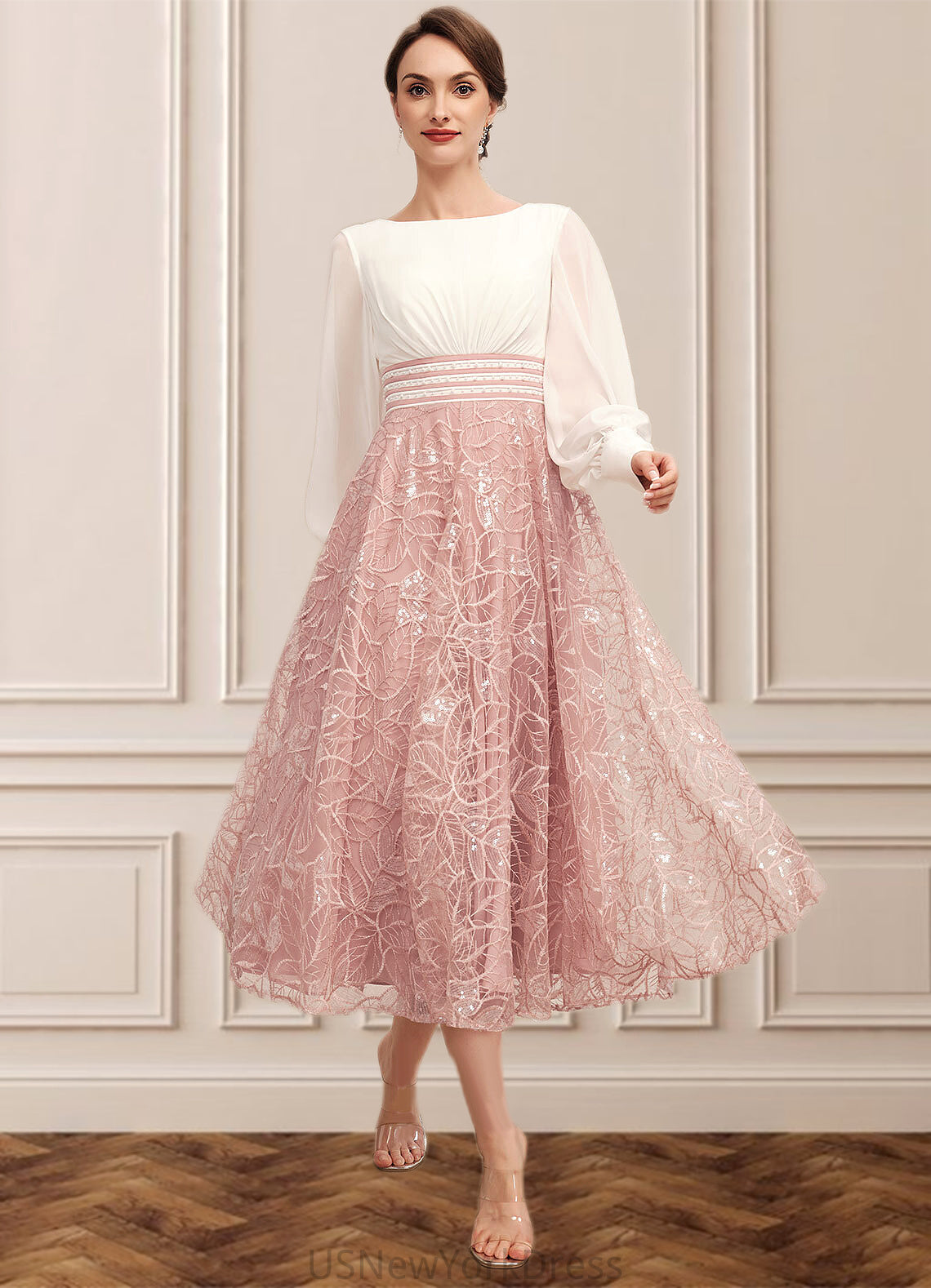 Seraphina A-Line Scoop Neck Tea-Length Chiffon Lace Mother of the Bride Dress With Beading DJ126P0014557