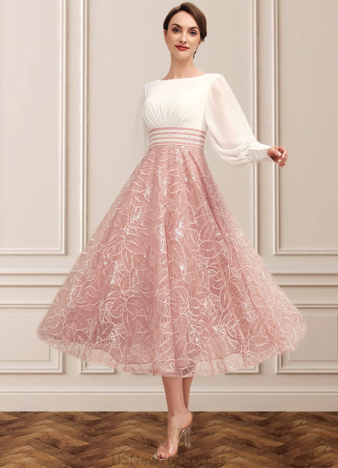 Seraphina A-Line Scoop Neck Tea-Length Chiffon Lace Mother of the Bride Dress With Beading DJ126P0014557