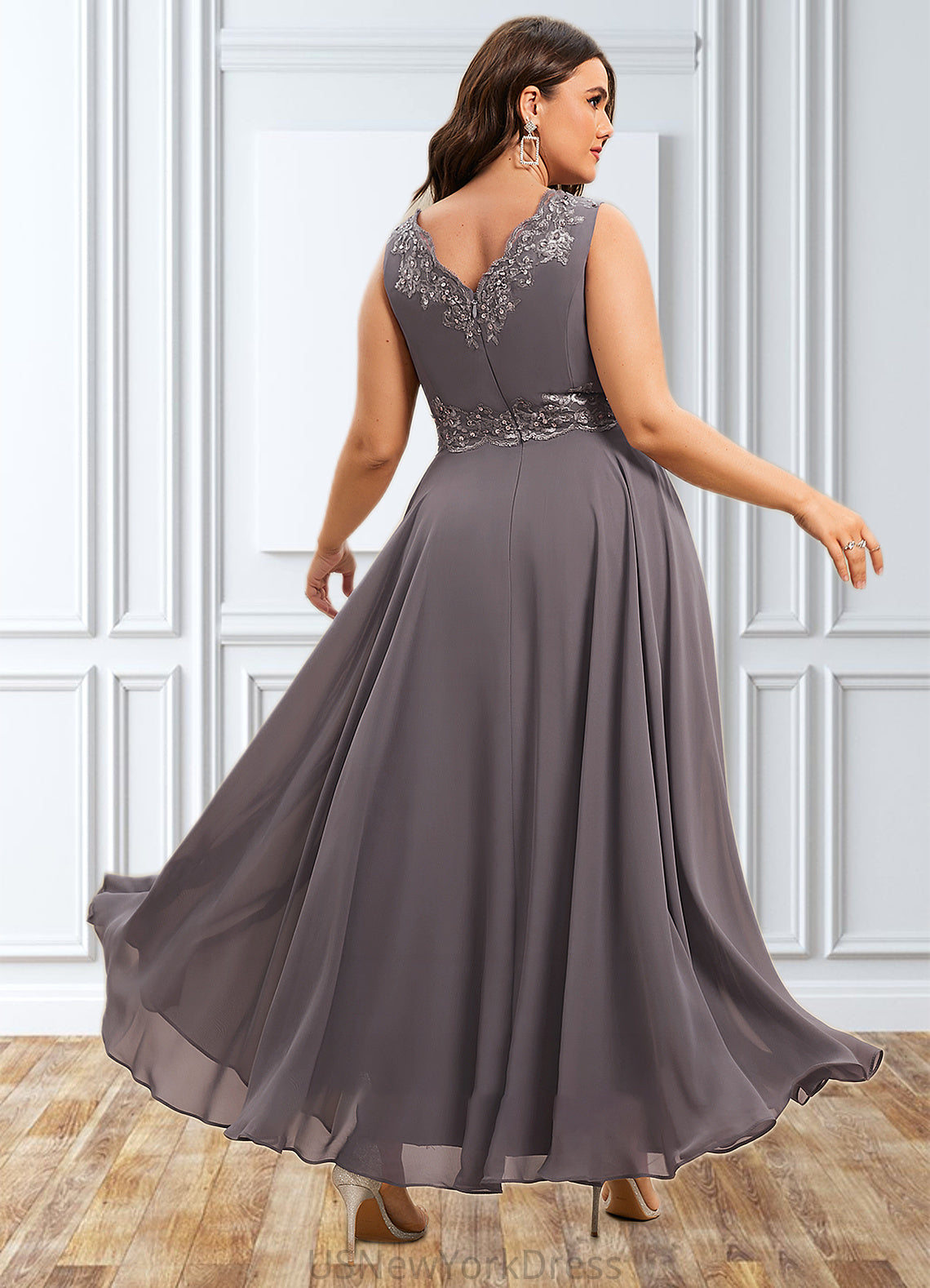 Charlie A-line V-Neck Ankle-Length Chiffon Mother of the Bride Dress With Beading Appliques Lace Sequins DJ126P0014558