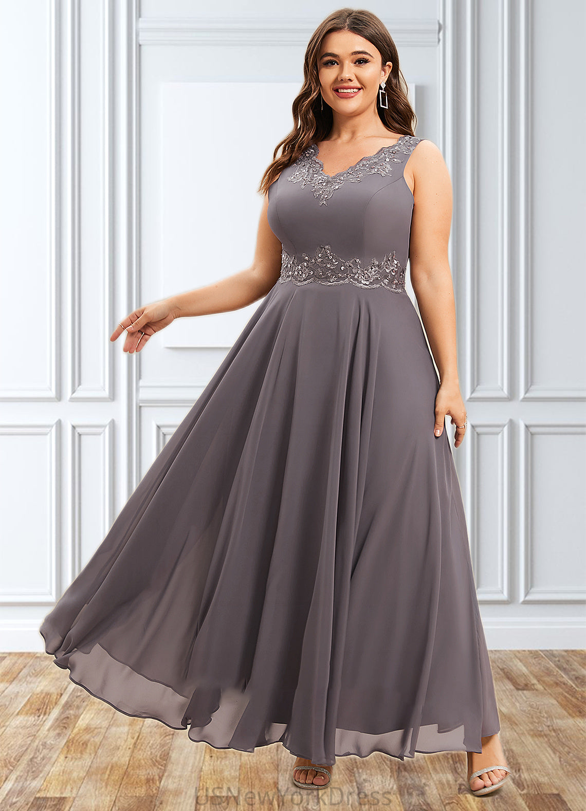 Charlie A-line V-Neck Ankle-Length Chiffon Mother of the Bride Dress With Beading Appliques Lace Sequins DJ126P0014558