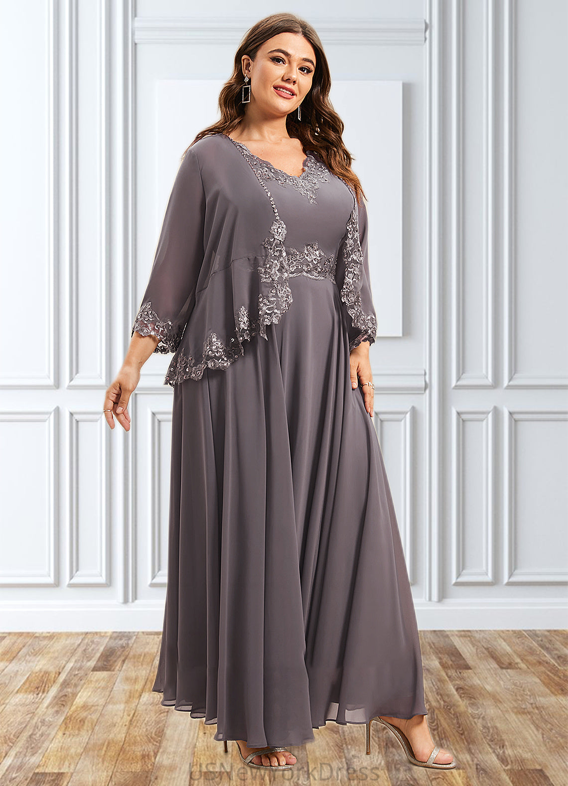 Charlie A-line V-Neck Ankle-Length Chiffon Mother of the Bride Dress With Beading Appliques Lace Sequins DJ126P0014558