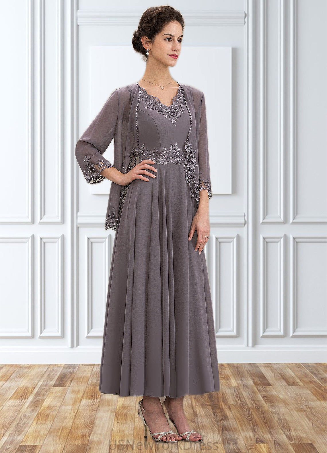 Charlie A-line V-Neck Ankle-Length Chiffon Mother of the Bride Dress With Beading Appliques Lace Sequins DJ126P0014558