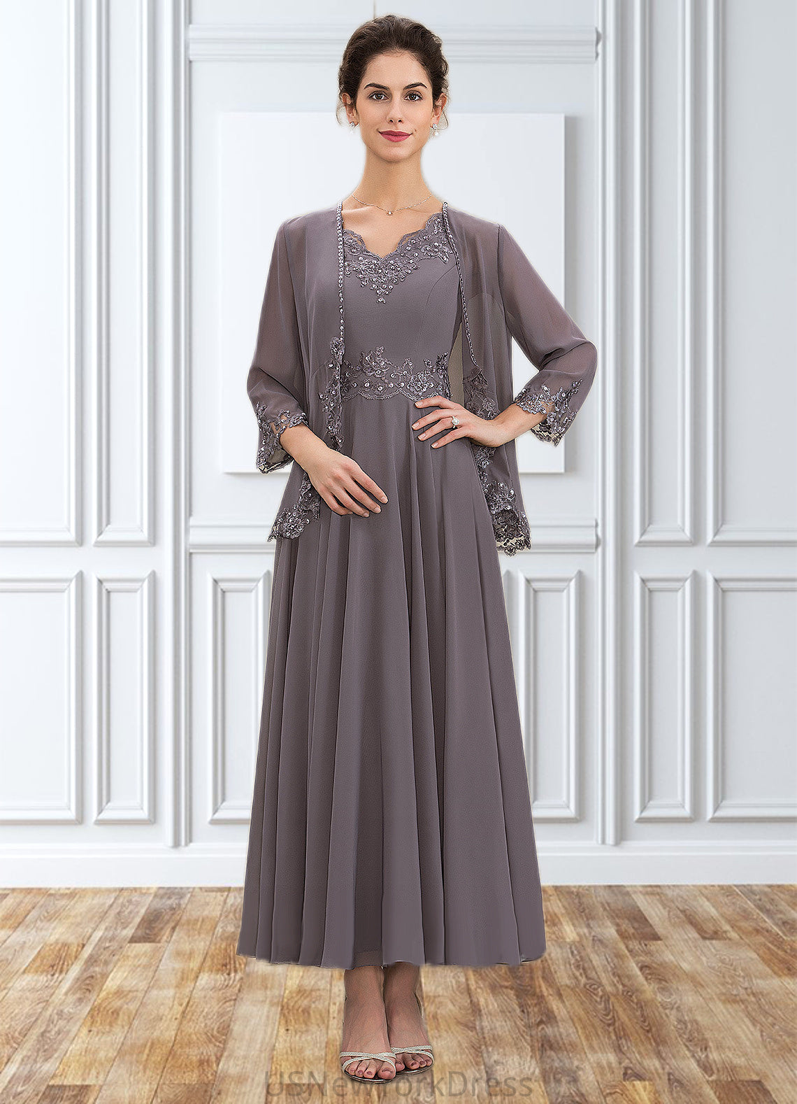 Charlie A-line V-Neck Ankle-Length Chiffon Mother of the Bride Dress With Beading Appliques Lace Sequins DJ126P0014558