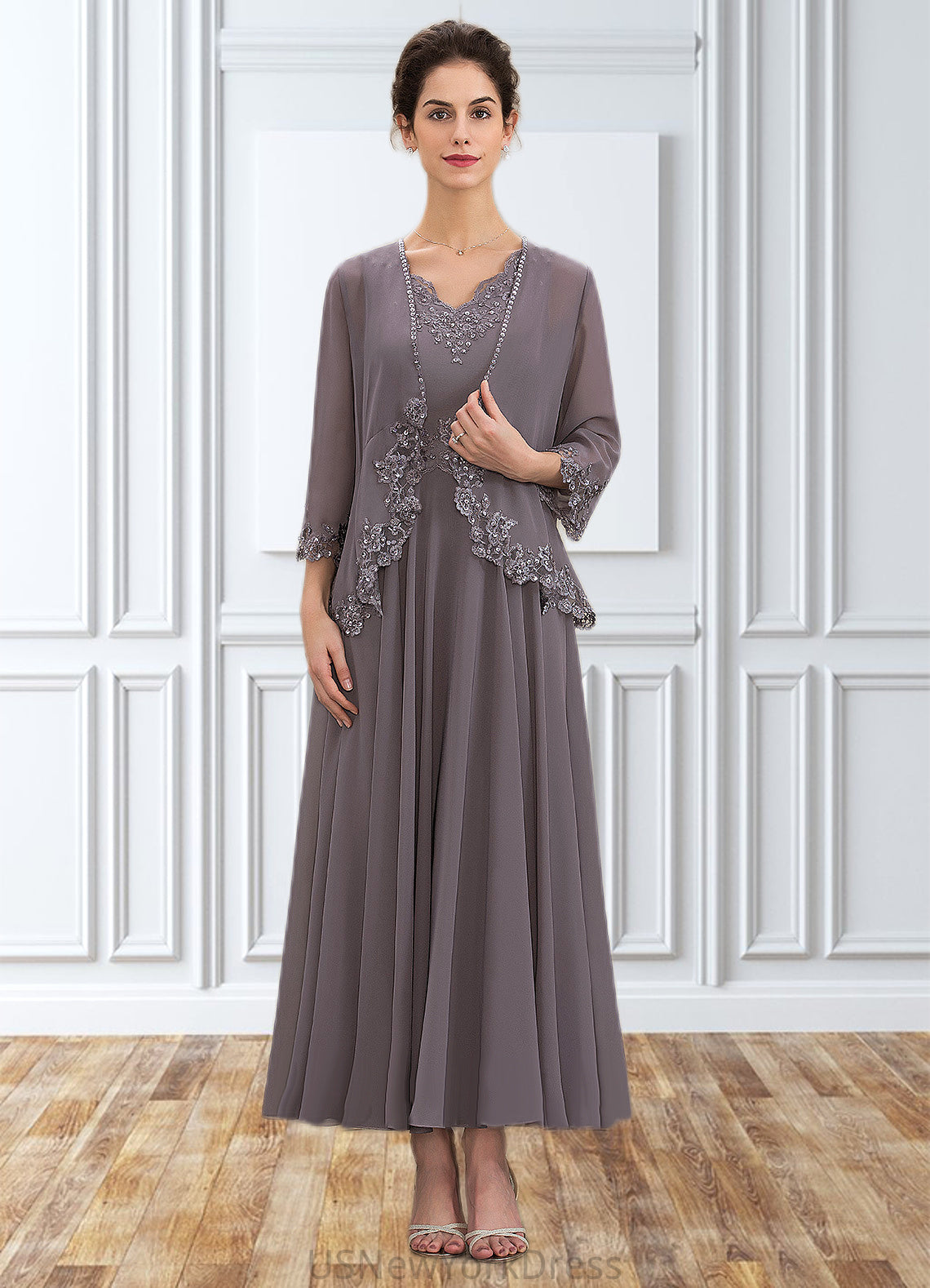 Charlie A-line V-Neck Ankle-Length Chiffon Mother of the Bride Dress With Beading Appliques Lace Sequins DJ126P0014558