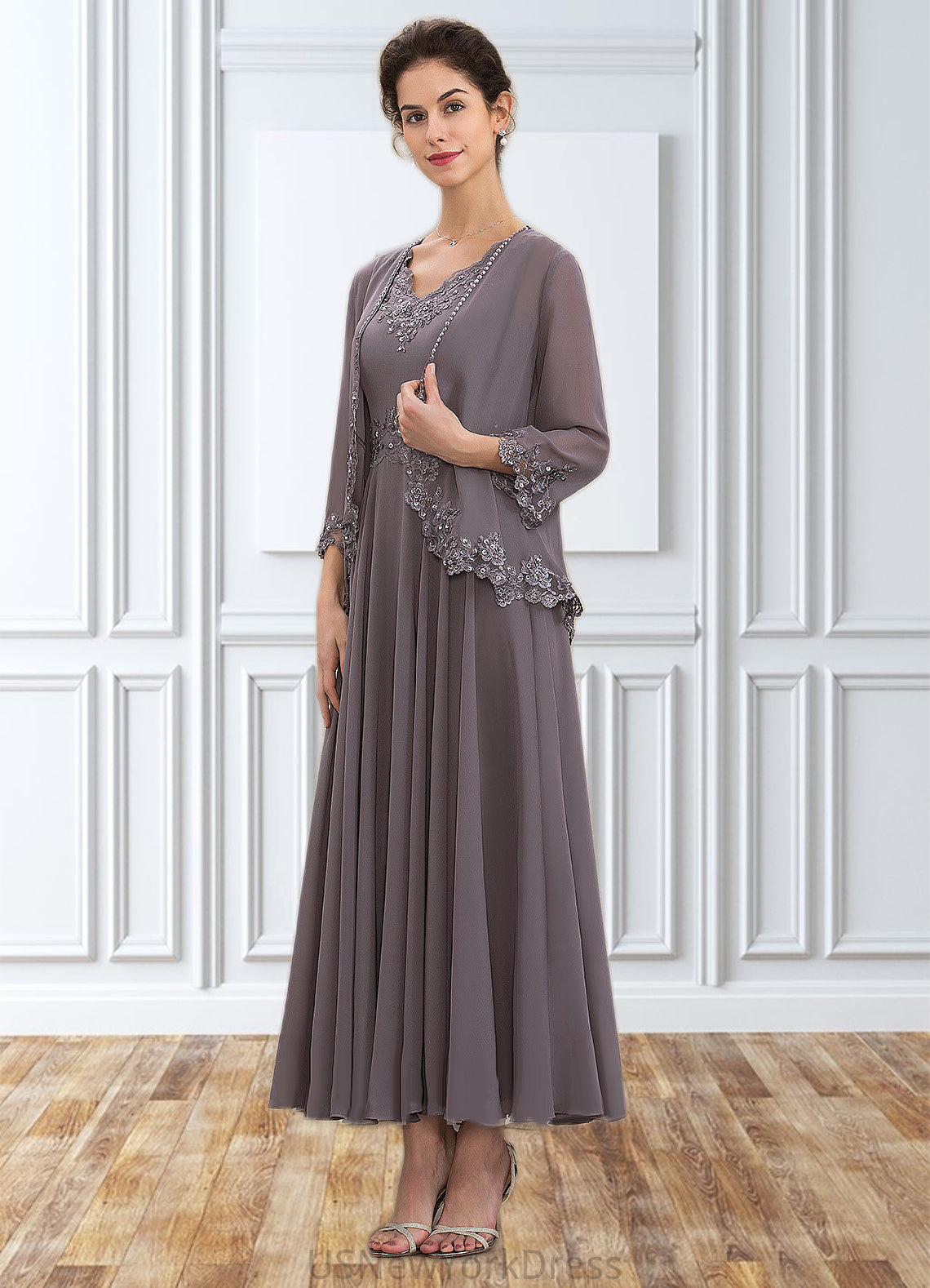 Charlie A-line V-Neck Ankle-Length Chiffon Mother of the Bride Dress With Beading Appliques Lace Sequins DJ126P0014558