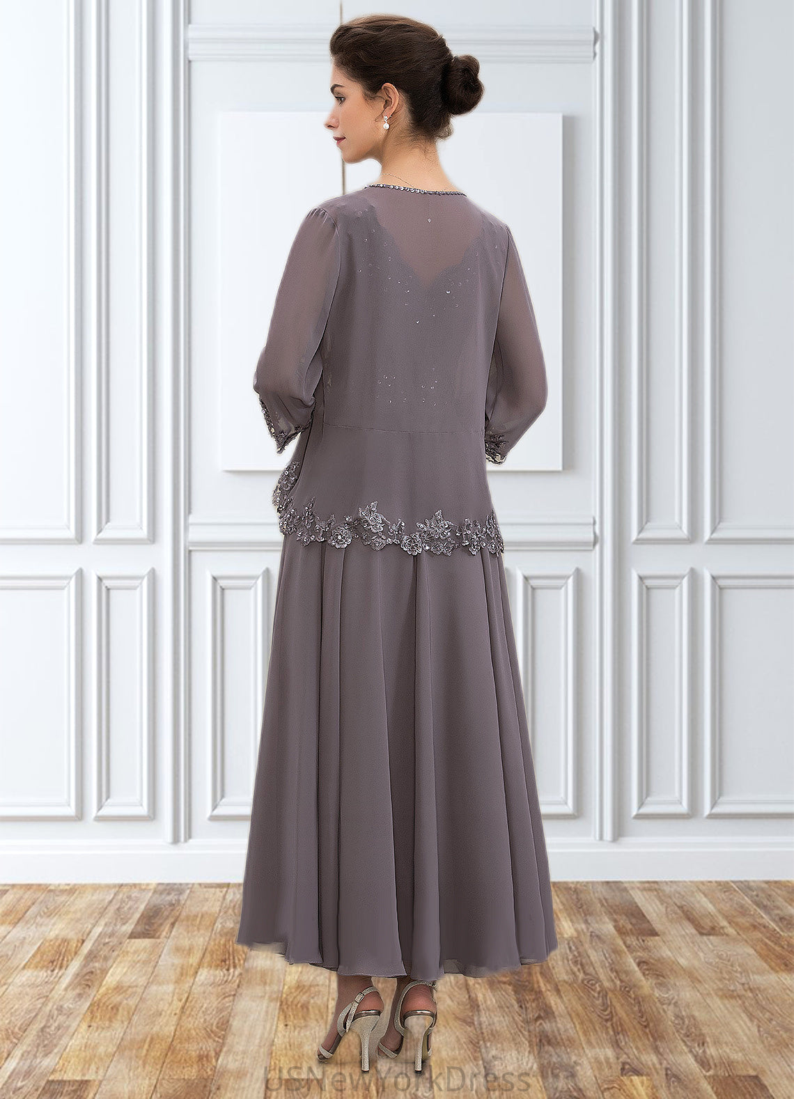 Charlie A-line V-Neck Ankle-Length Chiffon Mother of the Bride Dress With Beading Appliques Lace Sequins DJ126P0014558