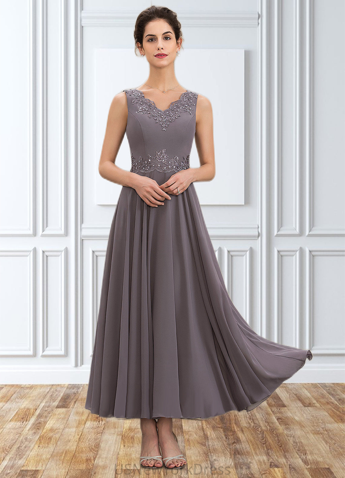 Charlie A-line V-Neck Ankle-Length Chiffon Mother of the Bride Dress With Beading Appliques Lace Sequins DJ126P0014558