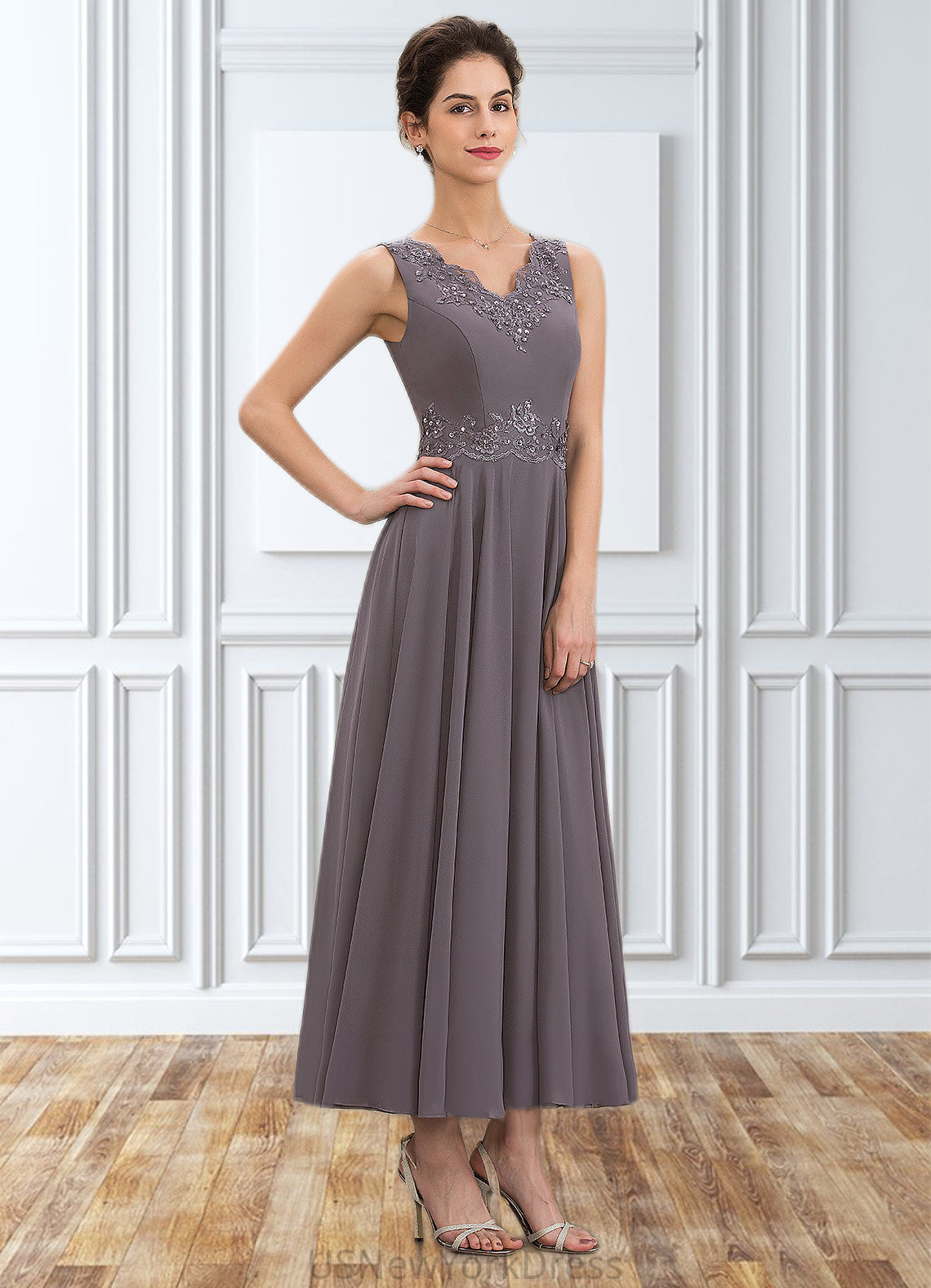 Charlie A-line V-Neck Ankle-Length Chiffon Mother of the Bride Dress With Beading Appliques Lace Sequins DJ126P0014558