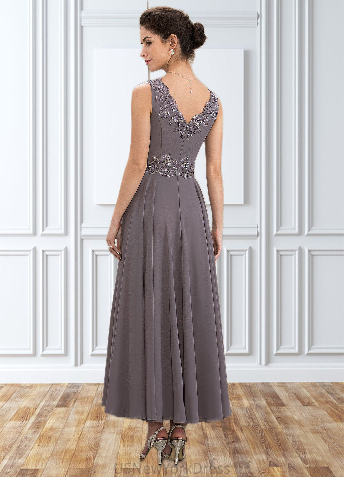 Charlie A-line V-Neck Ankle-Length Chiffon Mother of the Bride Dress With Beading Appliques Lace Sequins DJ126P0014558