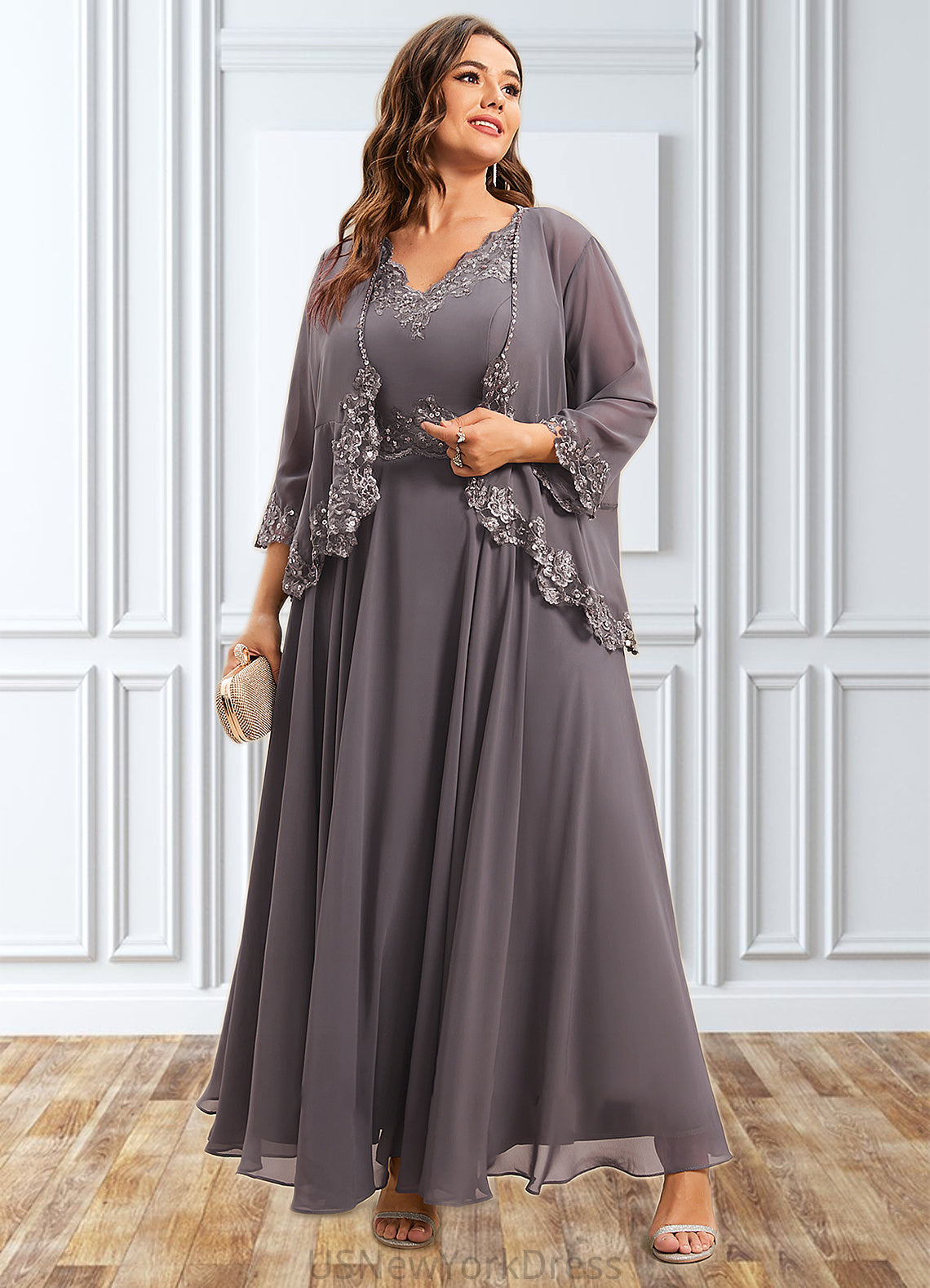 Charlie A-line V-Neck Ankle-Length Chiffon Mother of the Bride Dress With Beading Appliques Lace Sequins DJ126P0014558