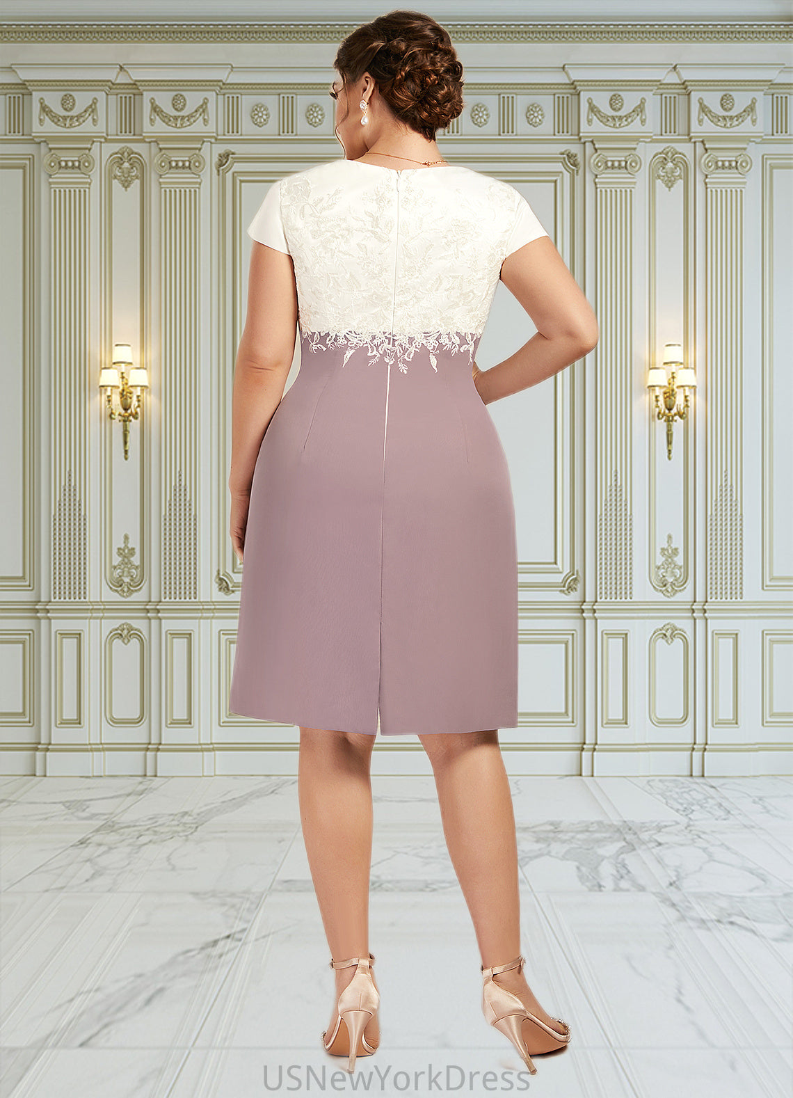 Shaniya Sheath/Column Scoop Neck Knee-Length Chiffon Lace Mother of the Bride Dress DJ126P0014559